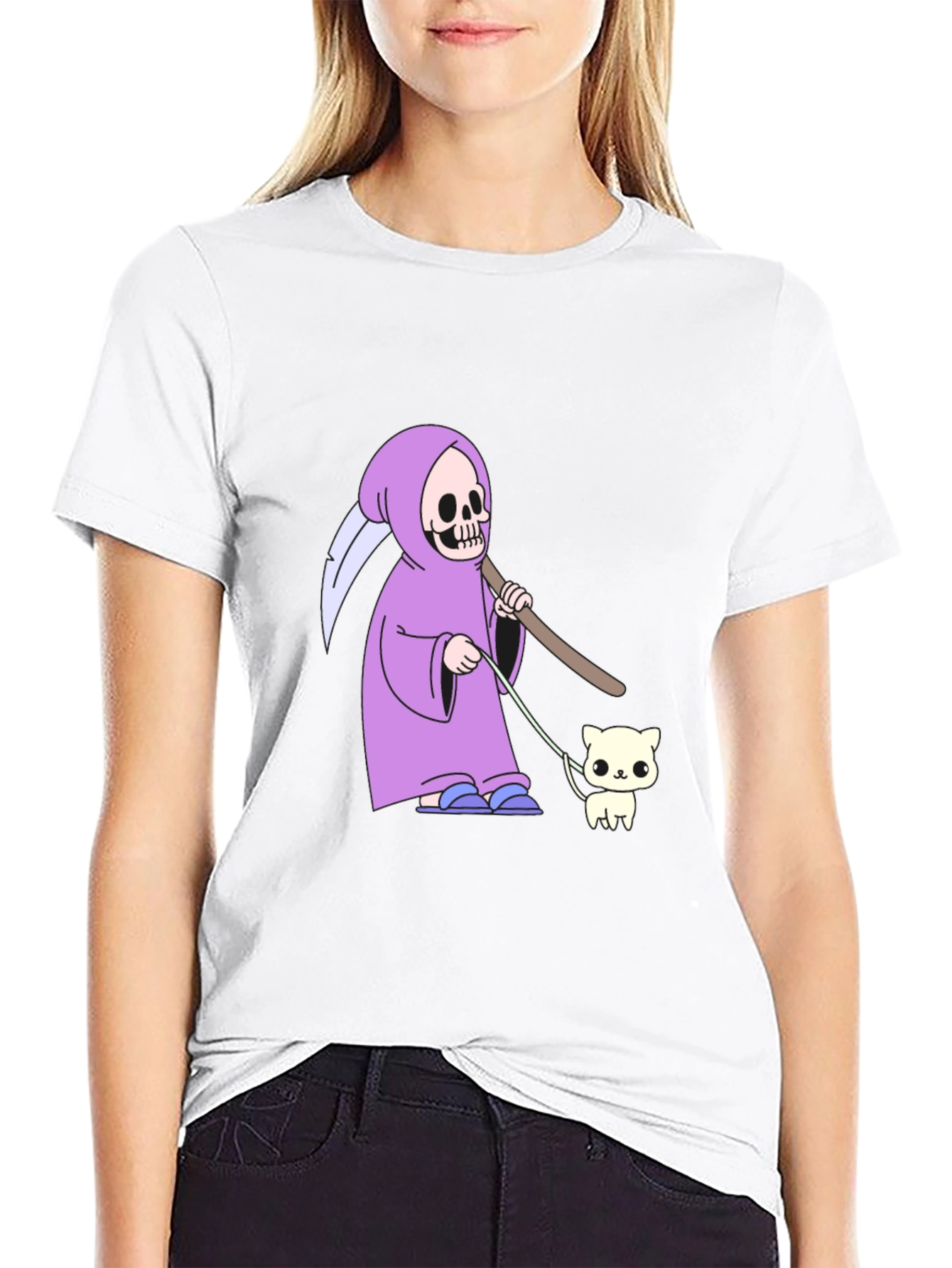 Black Grim Reaper Cat Walk T-Shirt - Funny Graphic Tee view 9