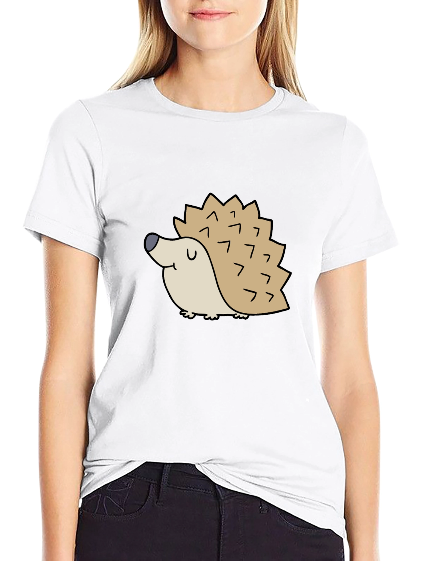 Black Cute Hedgehog Graphic Tee - Black Cotton T-Shirt view 9