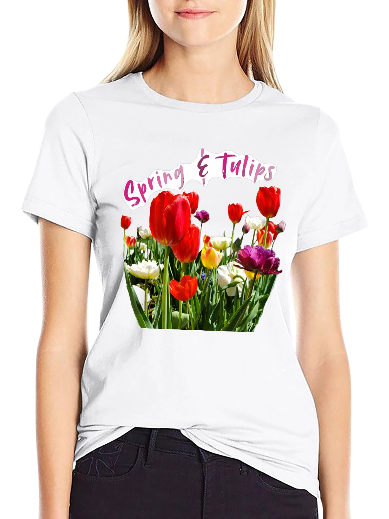 Black Spring & Tulips Black T-Shirt view 9