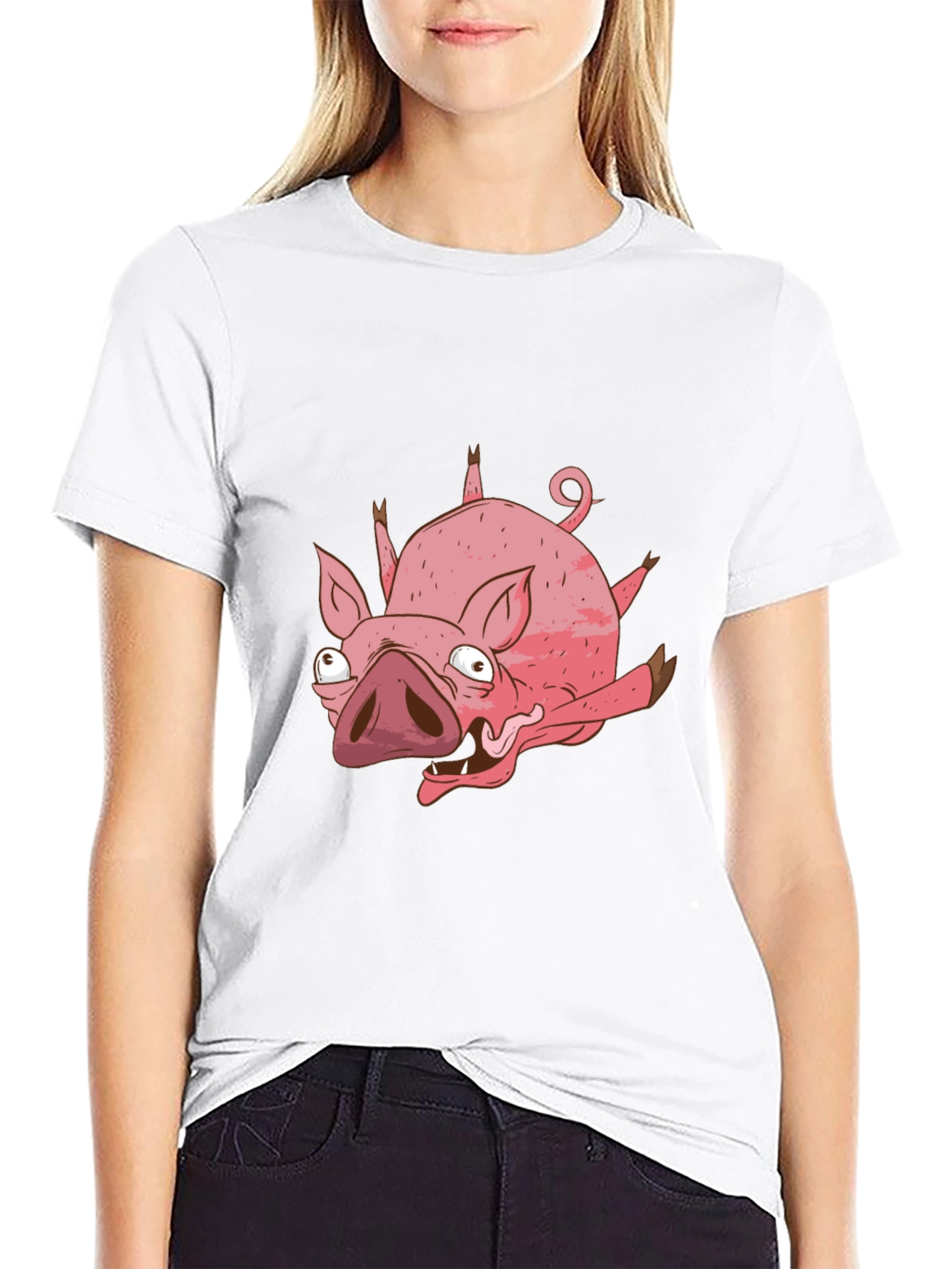 Black Funny Cartoon Pig Black T-Shirt view 9