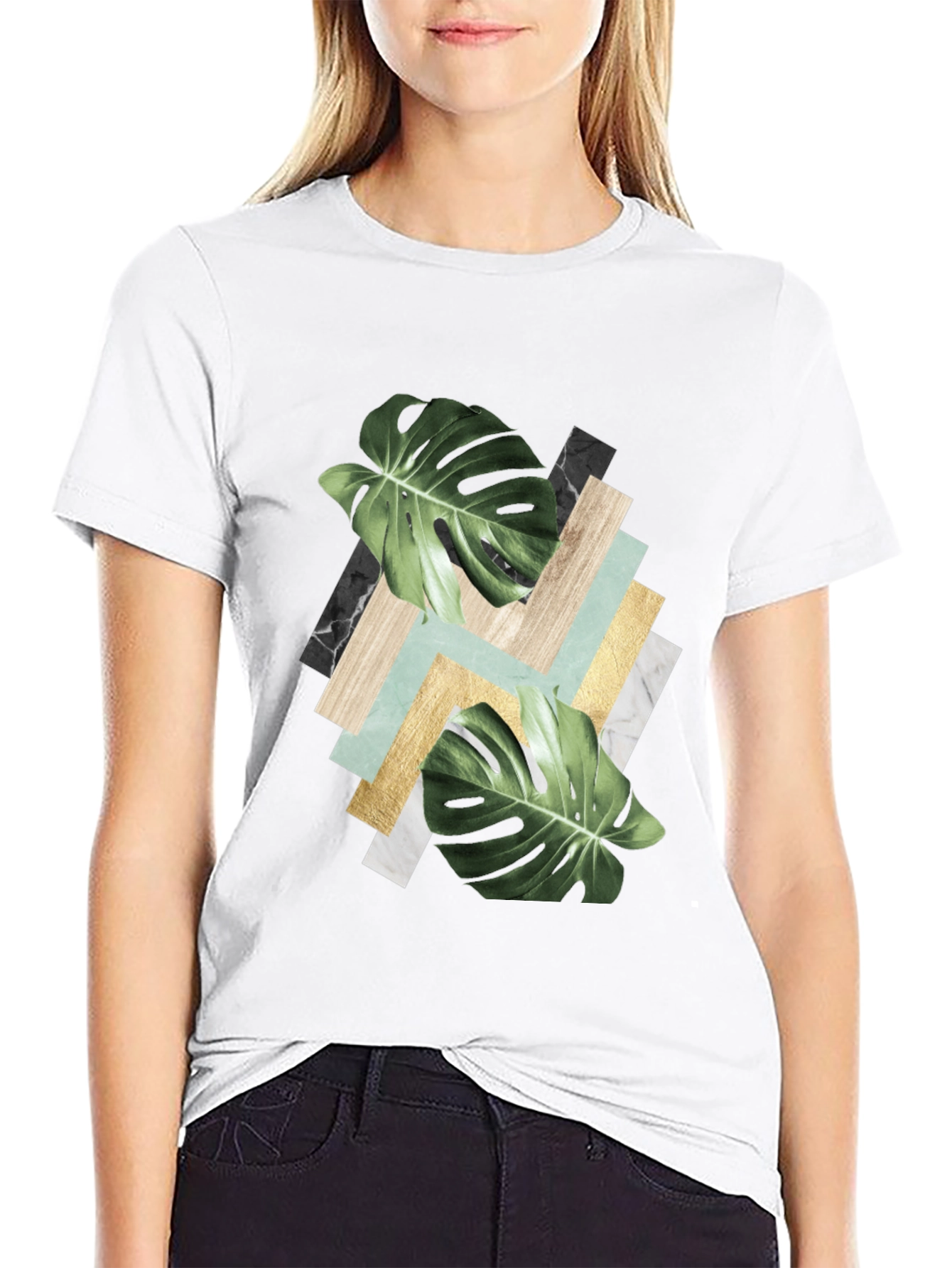 Black Tropical Leaf Geometric Print T-Shirt view 9
