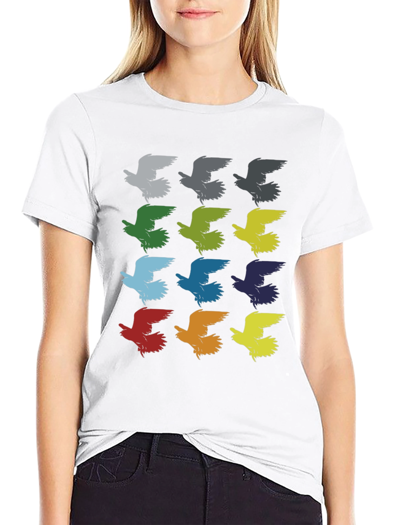 Black Colorful Bird Pattern Graphic T-Shirt view 9