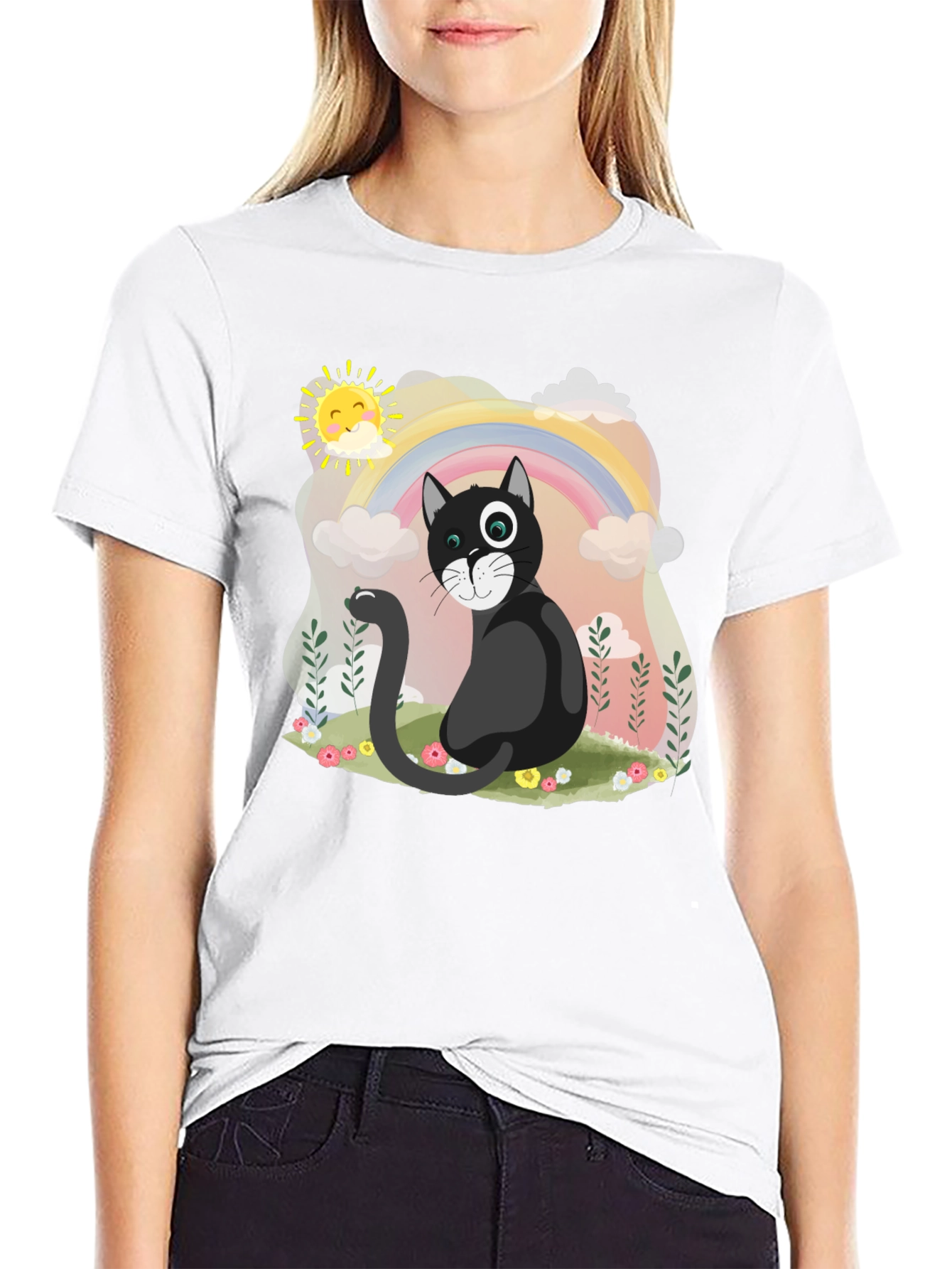 Black Whimsical Cat Rainbow T-Shirt view 9