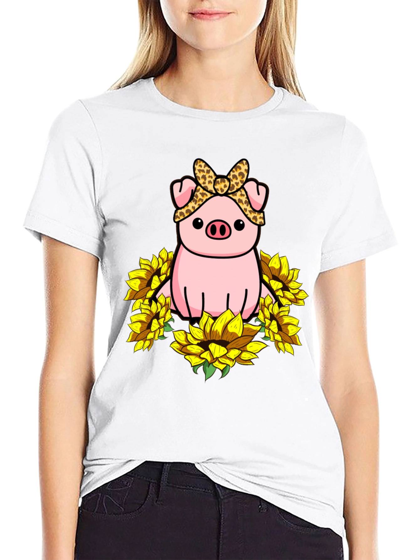 Black Cute Pig Sunflower Graphic T-Shirt view 9