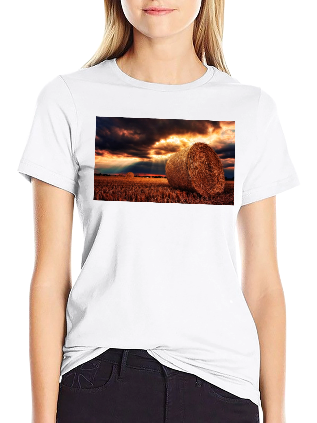 Black Harvest Hay Bales Graphic Tee - Unisex Black T-Shirt view 9