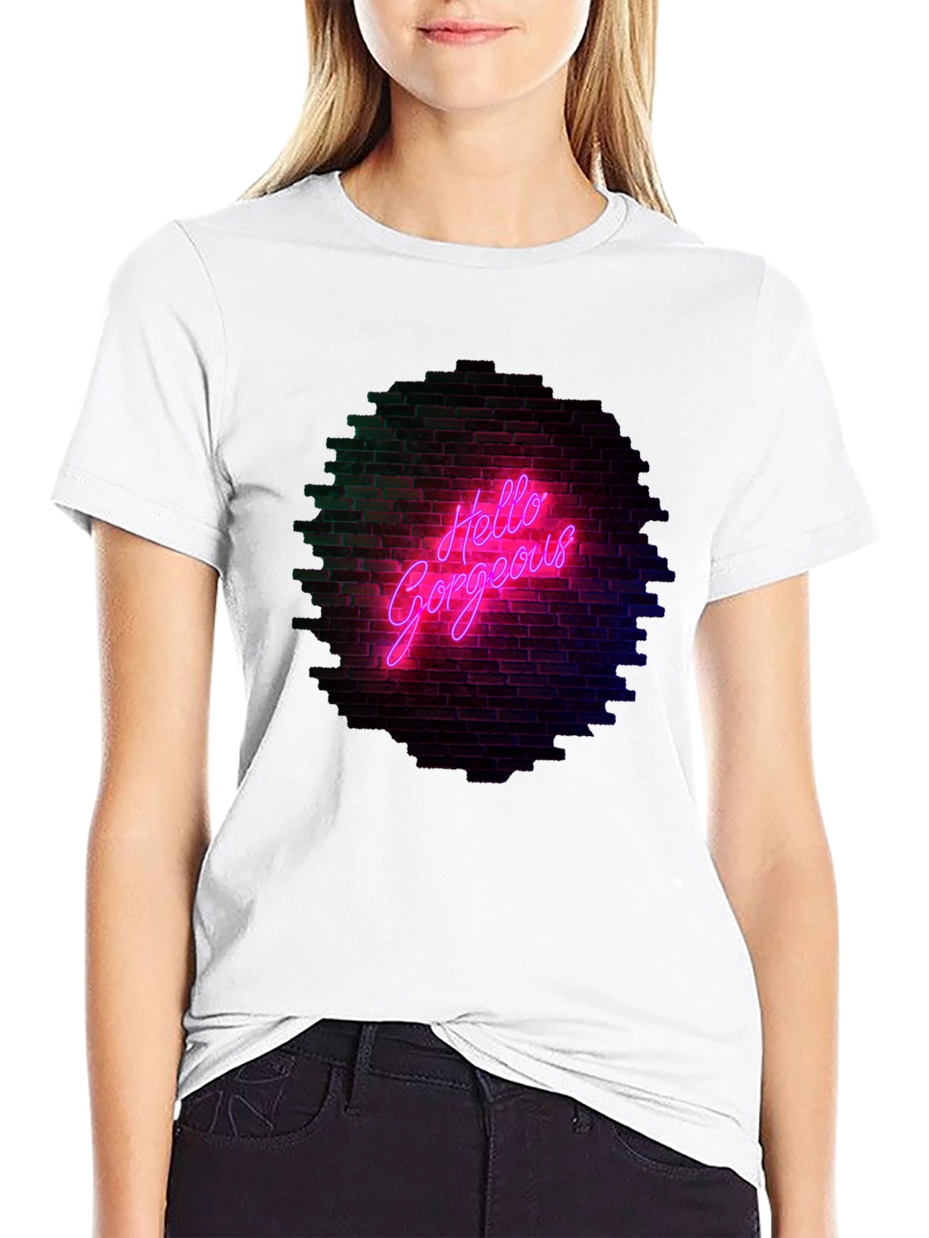 Black Hello Gorgeous Graphic Tee - Neon Brick Wall Design view 9