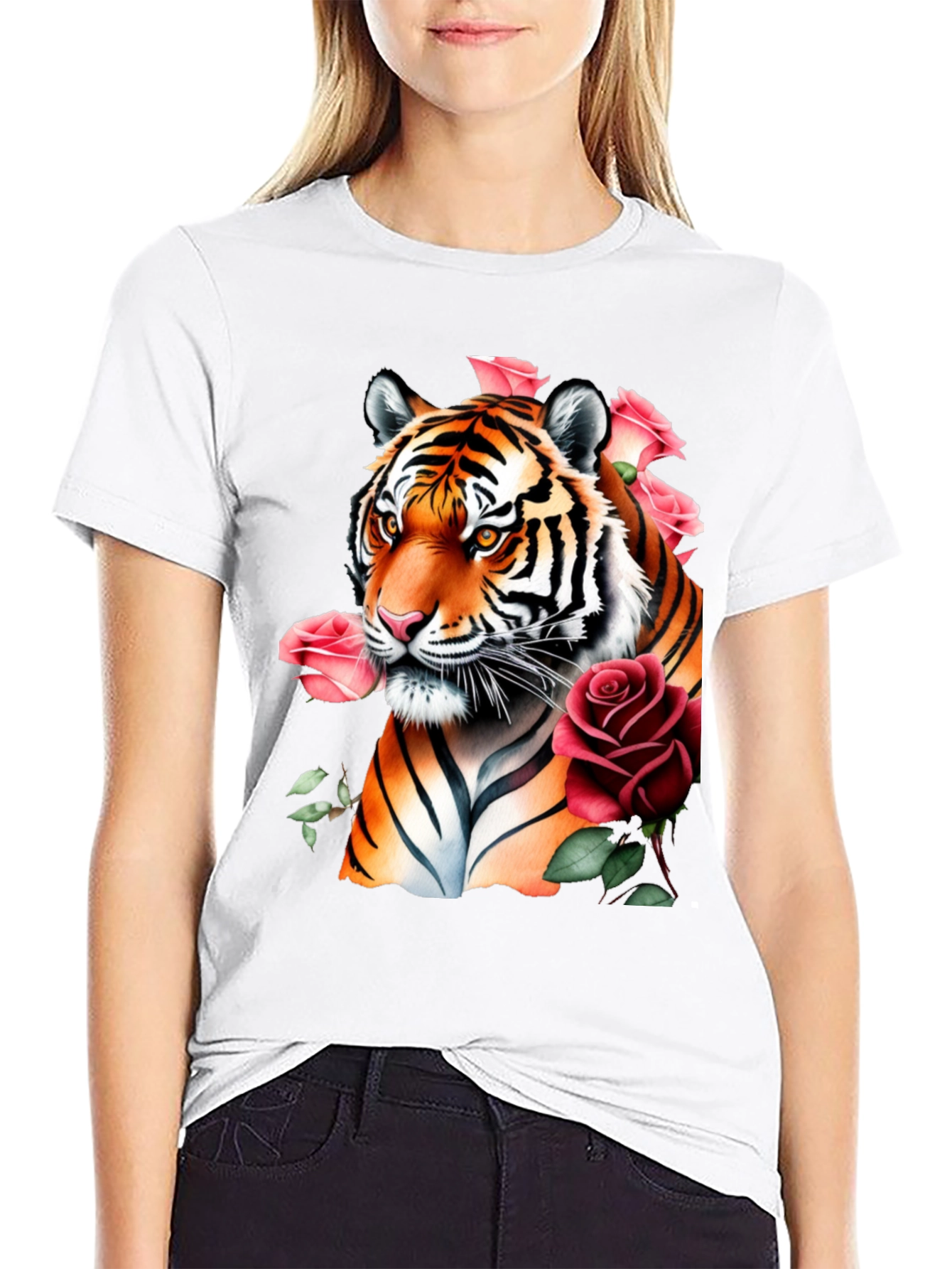 Black Tiger & Roses Graphic Print Black T-Shirt view 9
