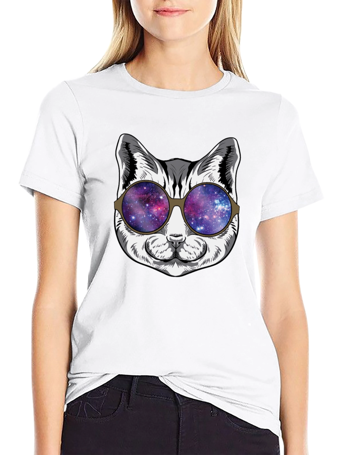 Black Cool Cat Galaxy Sunglasses Black T-Shirt view 9