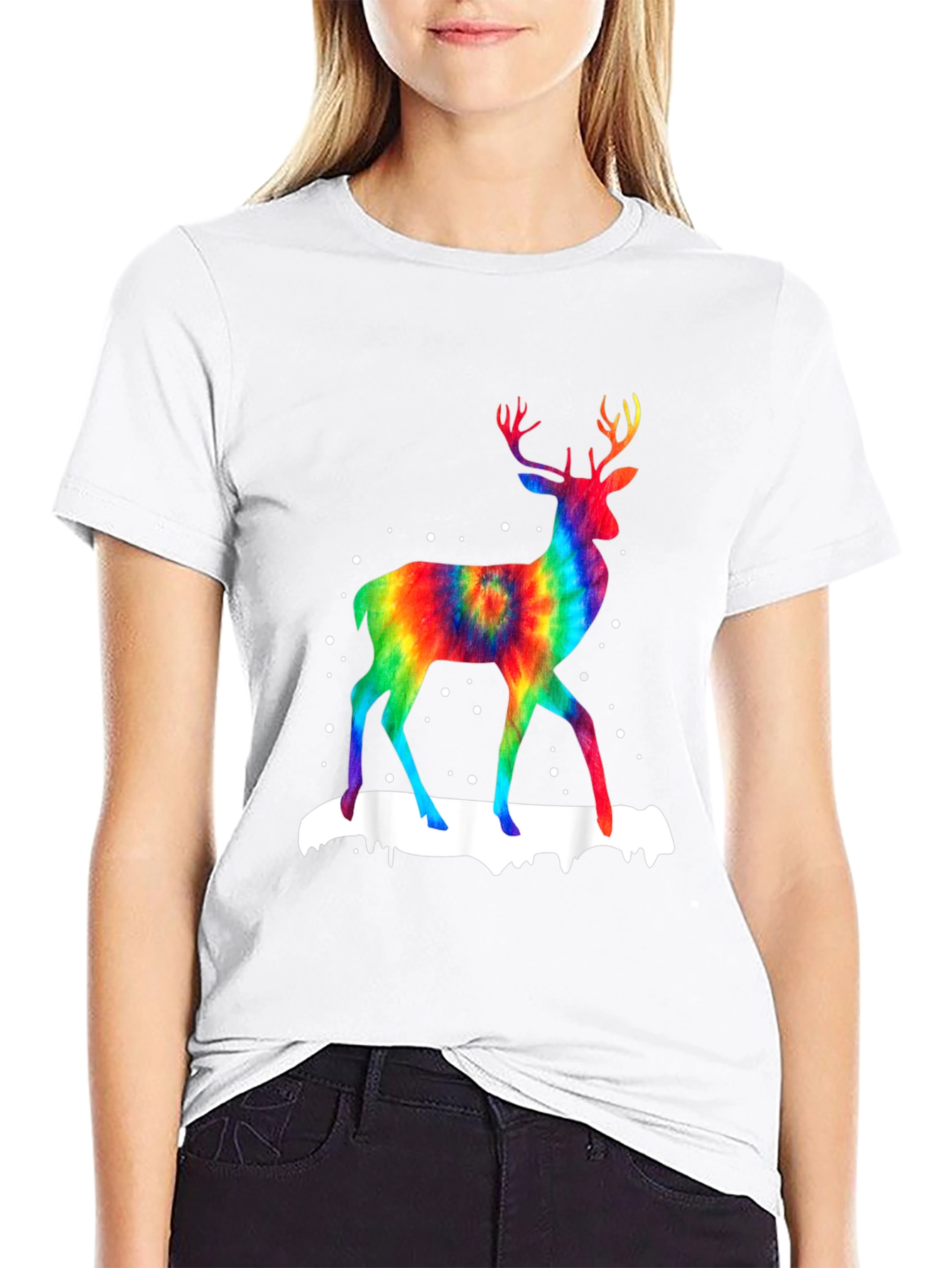 Black Rainbow Tie-Dye Deer Graphic T-Shirt view 9