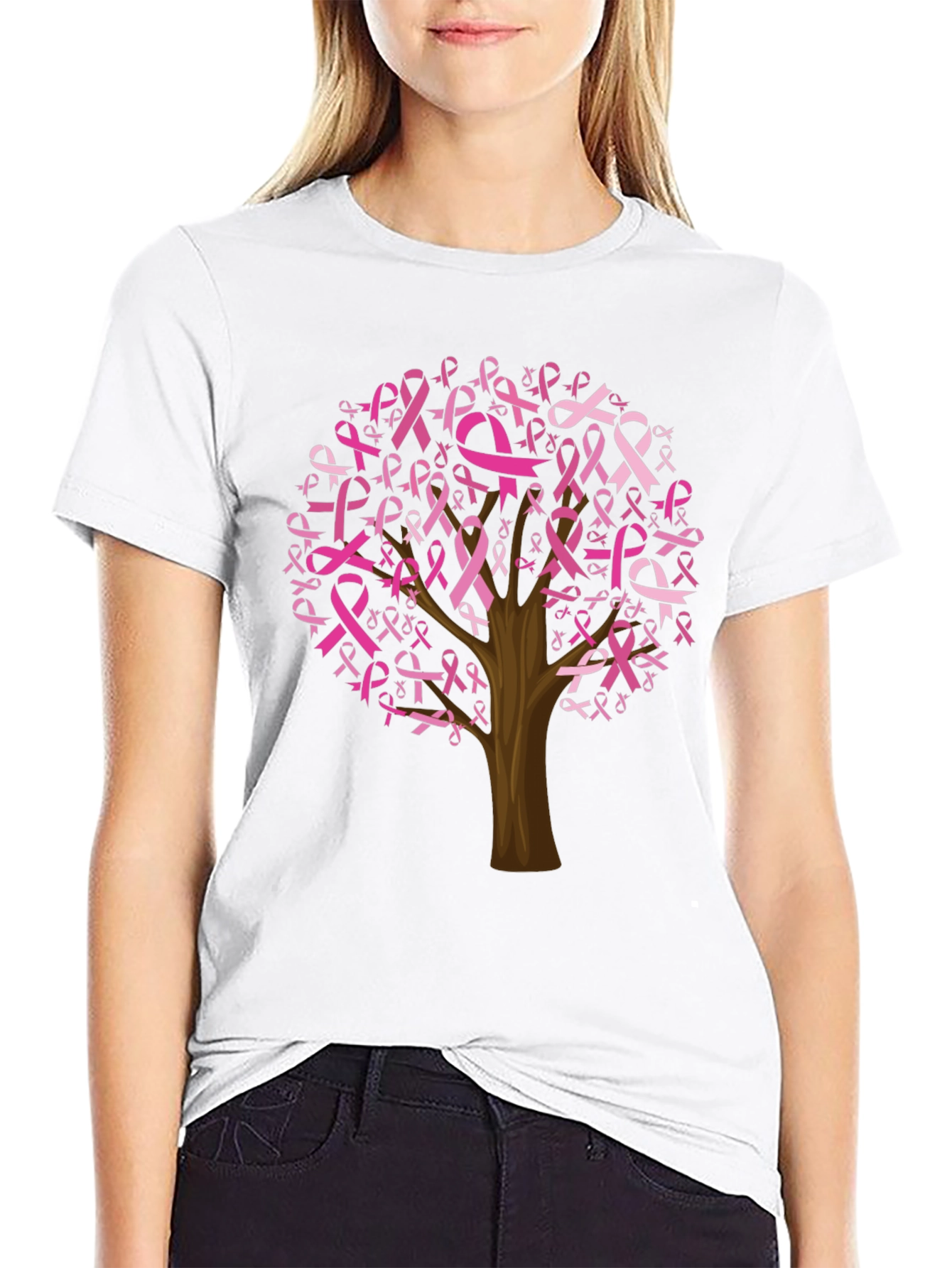 Black Breast Cancer Awareness Ribbon Tree Black Tee view 9