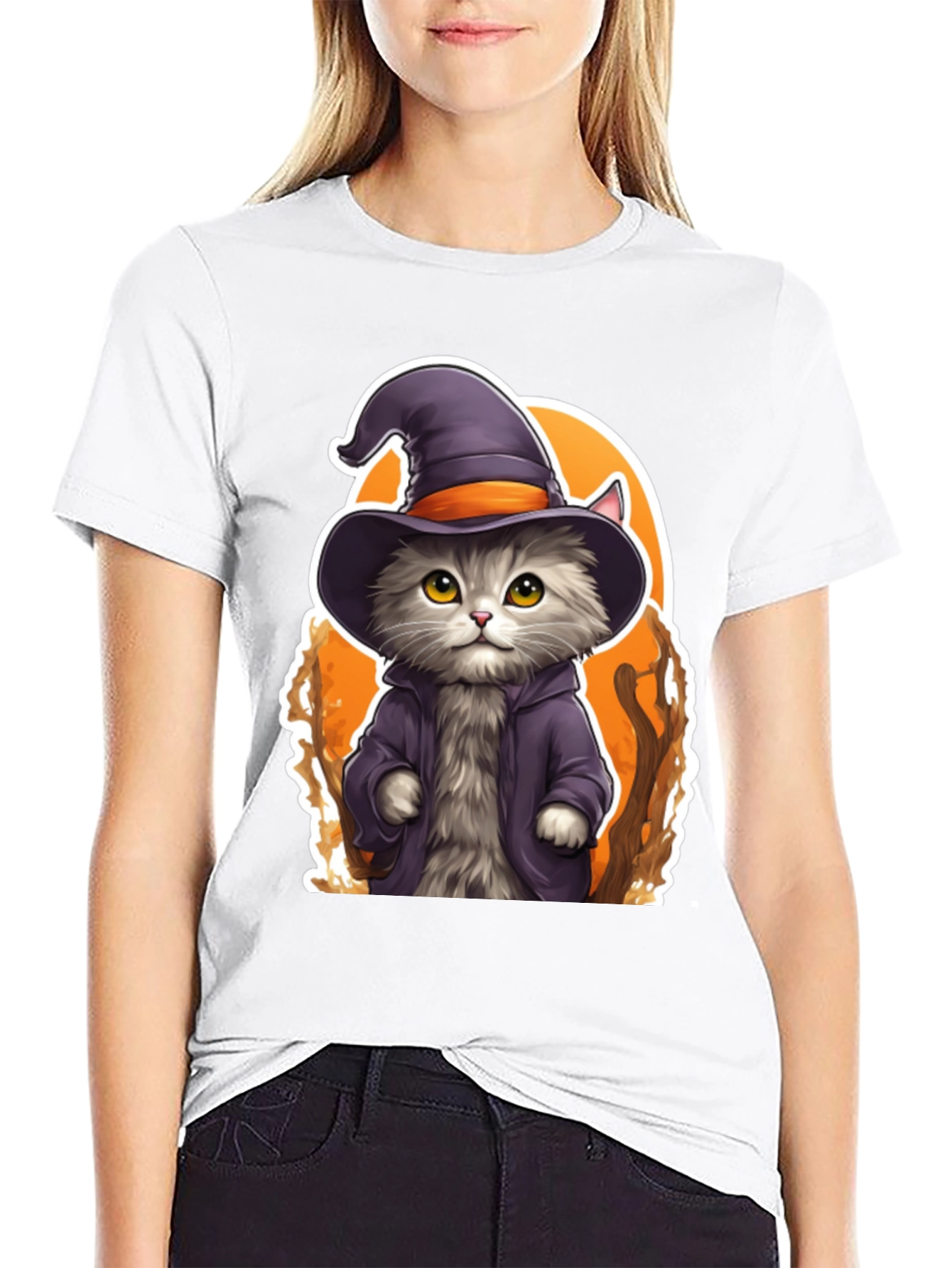 Black Wizard Cat Graphic Tee - Spooky Season Shirt view 9