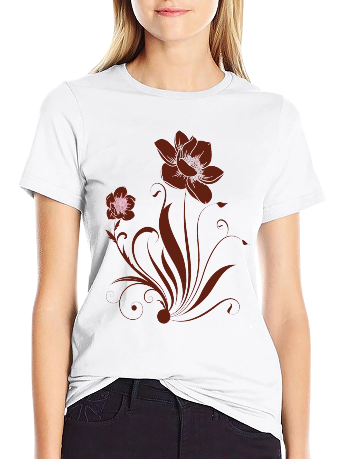 Black Floral Print Black Crew Neck T-Shirt view 9