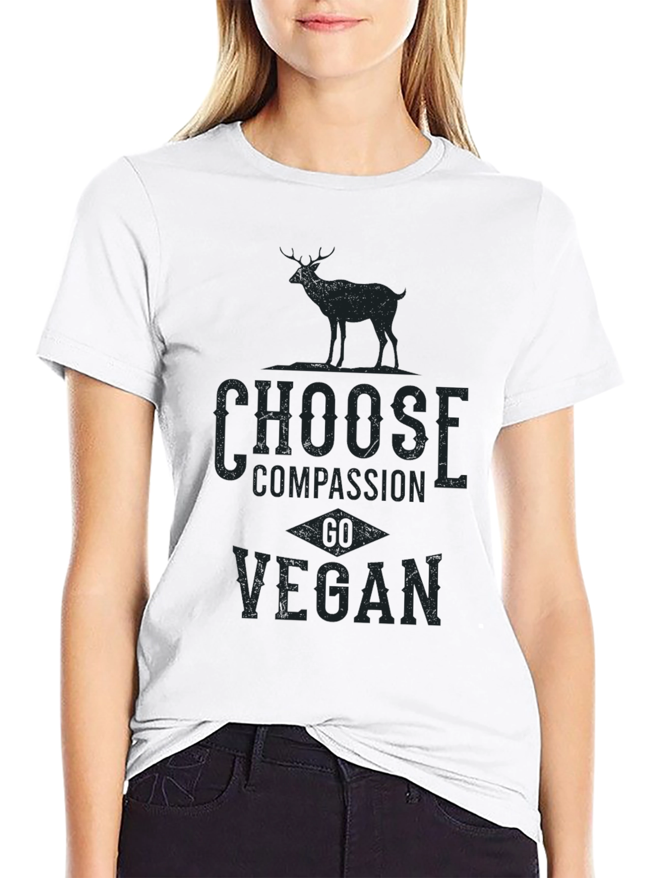 Black Vegan Compassion Tee - Deer Graphic Print T-Shirt view 9