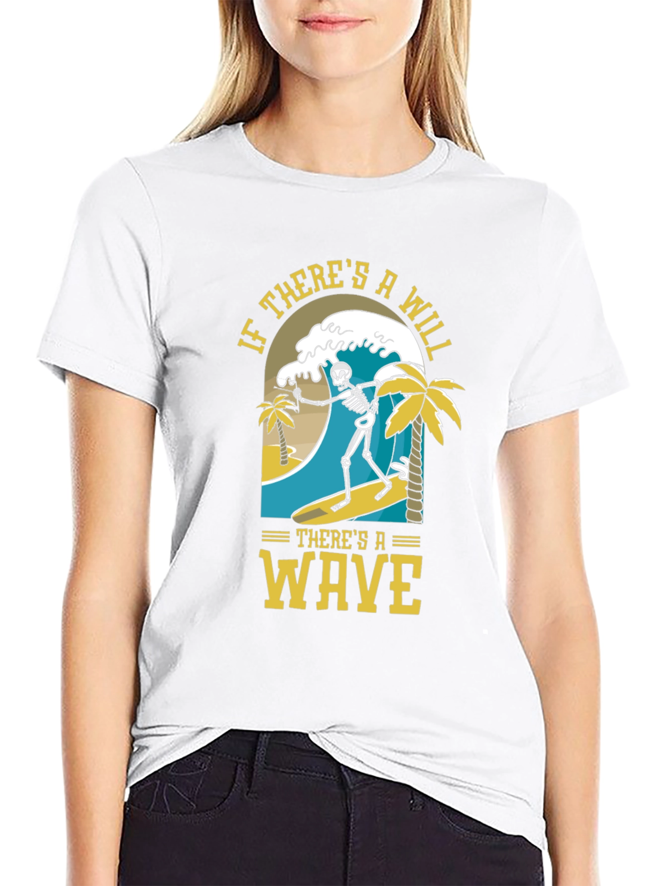 Black Surfing Skeleton Graphic Tee - "If There's A Will, There's A Wave" view 9