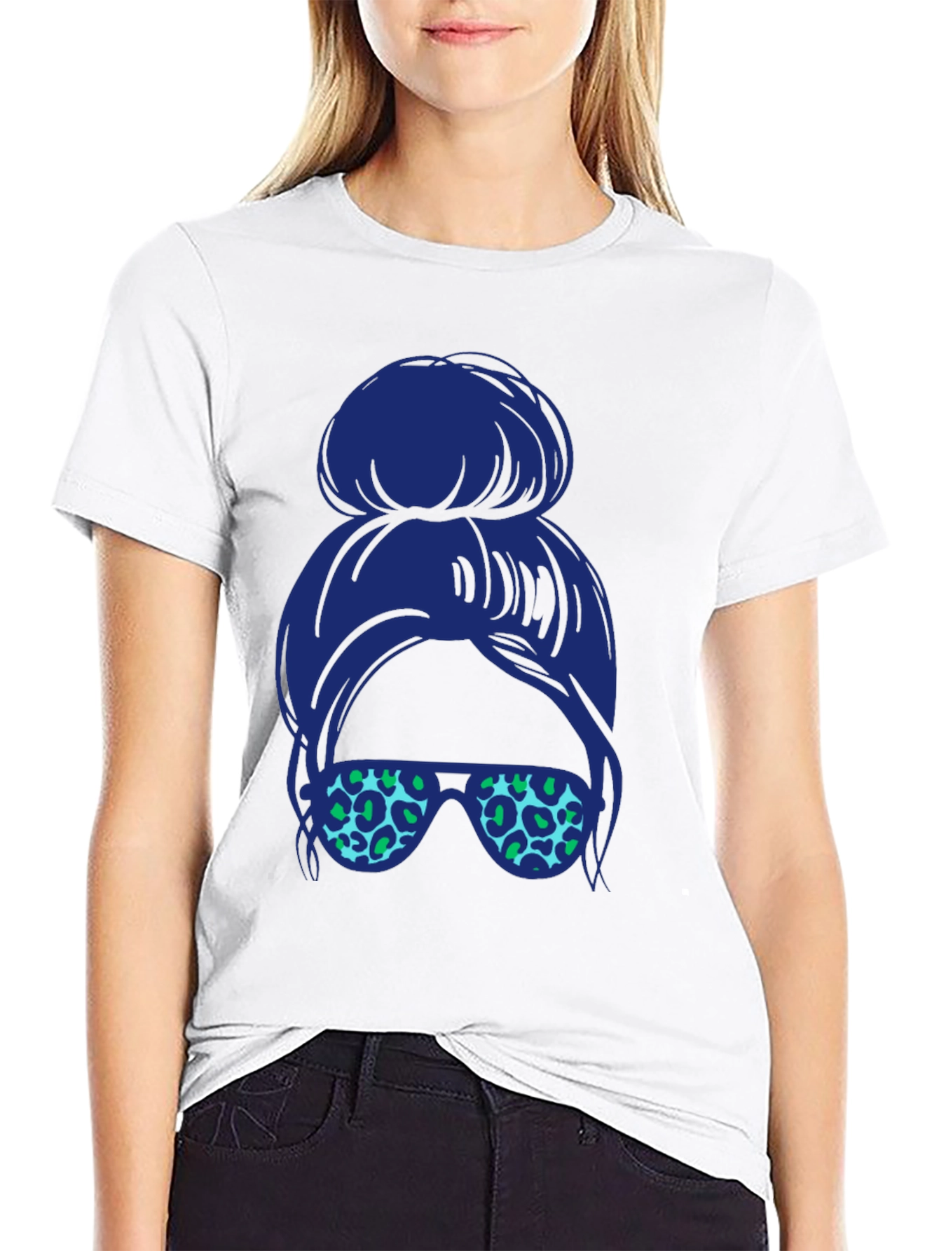 Black Messy Bun Leopard Sunglasses Tee view 9