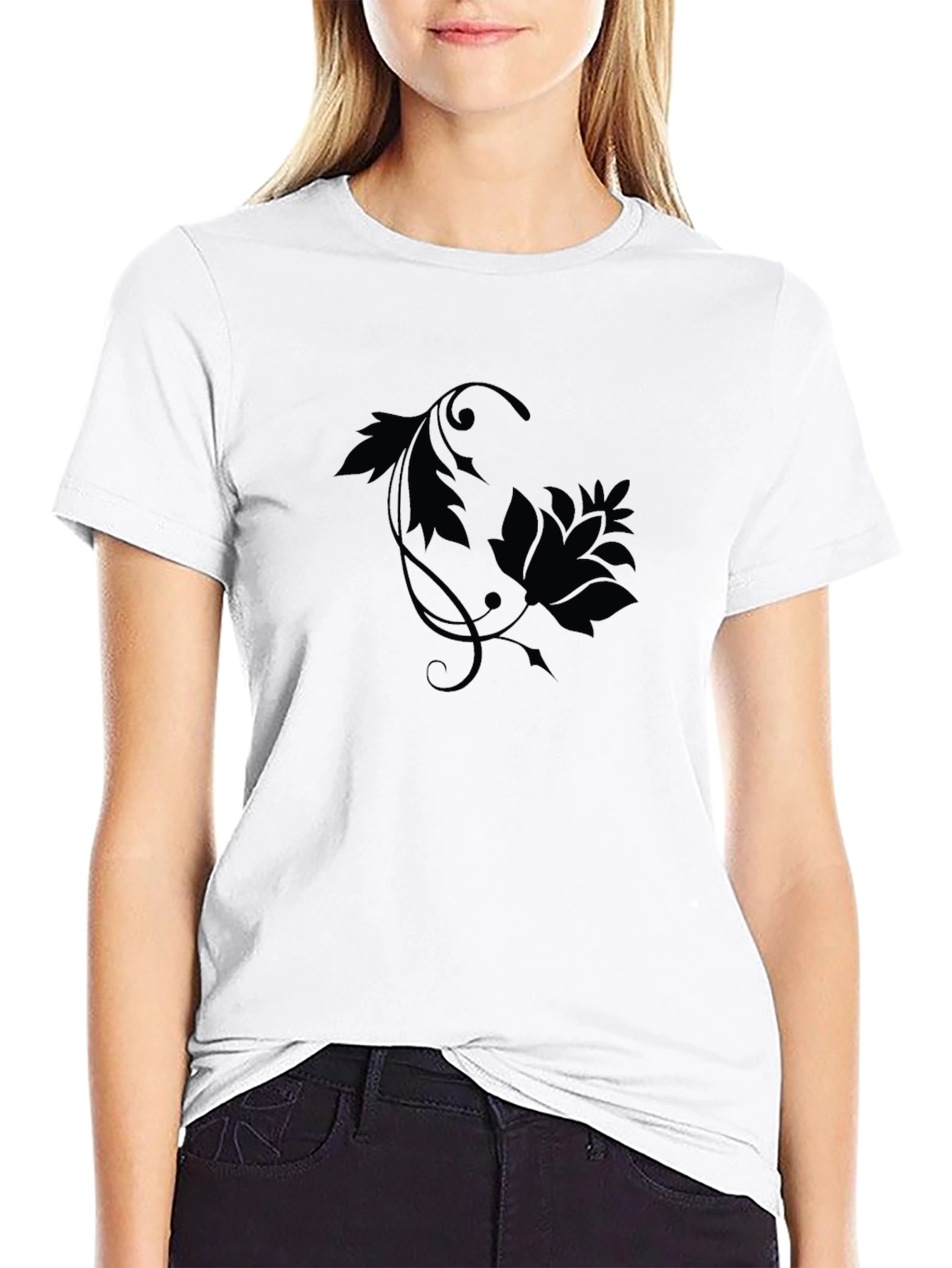 Black Black Floral Print Crew Neck T-Shirt view 9