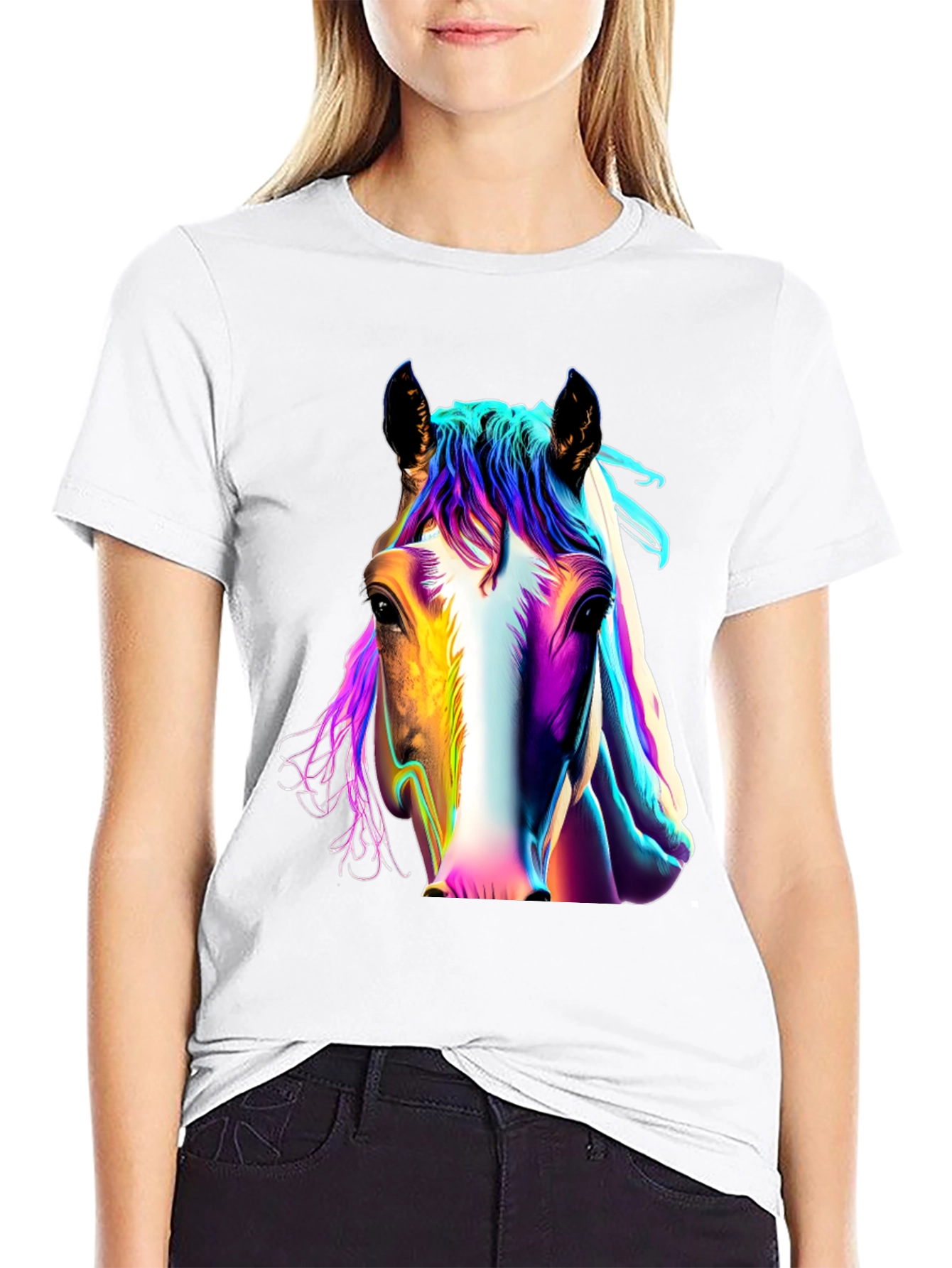 Colorful Horse Graphic Black T-Shirt - 9