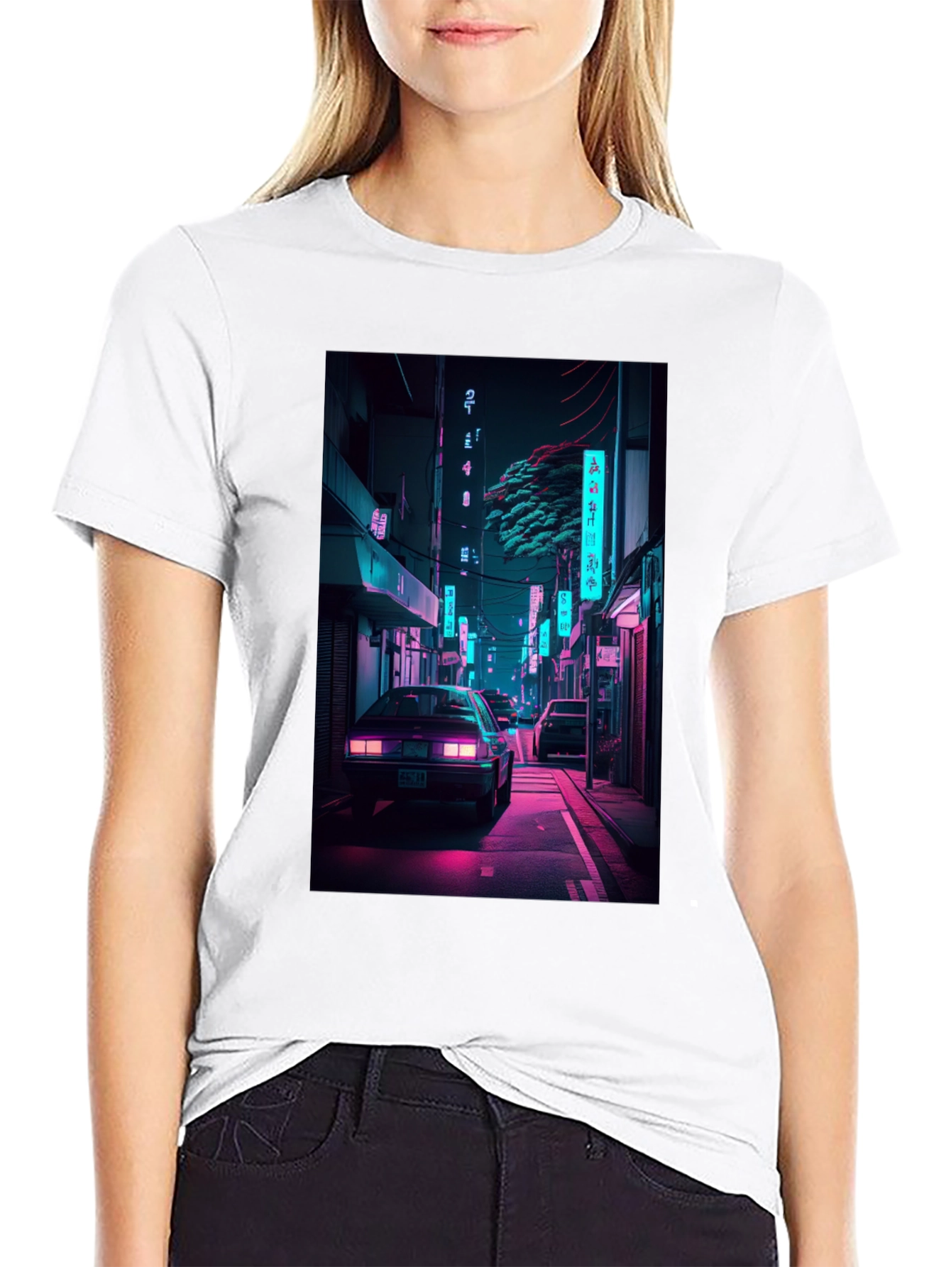 Black Retro Neon City Car Graphic T-Shirt view 9