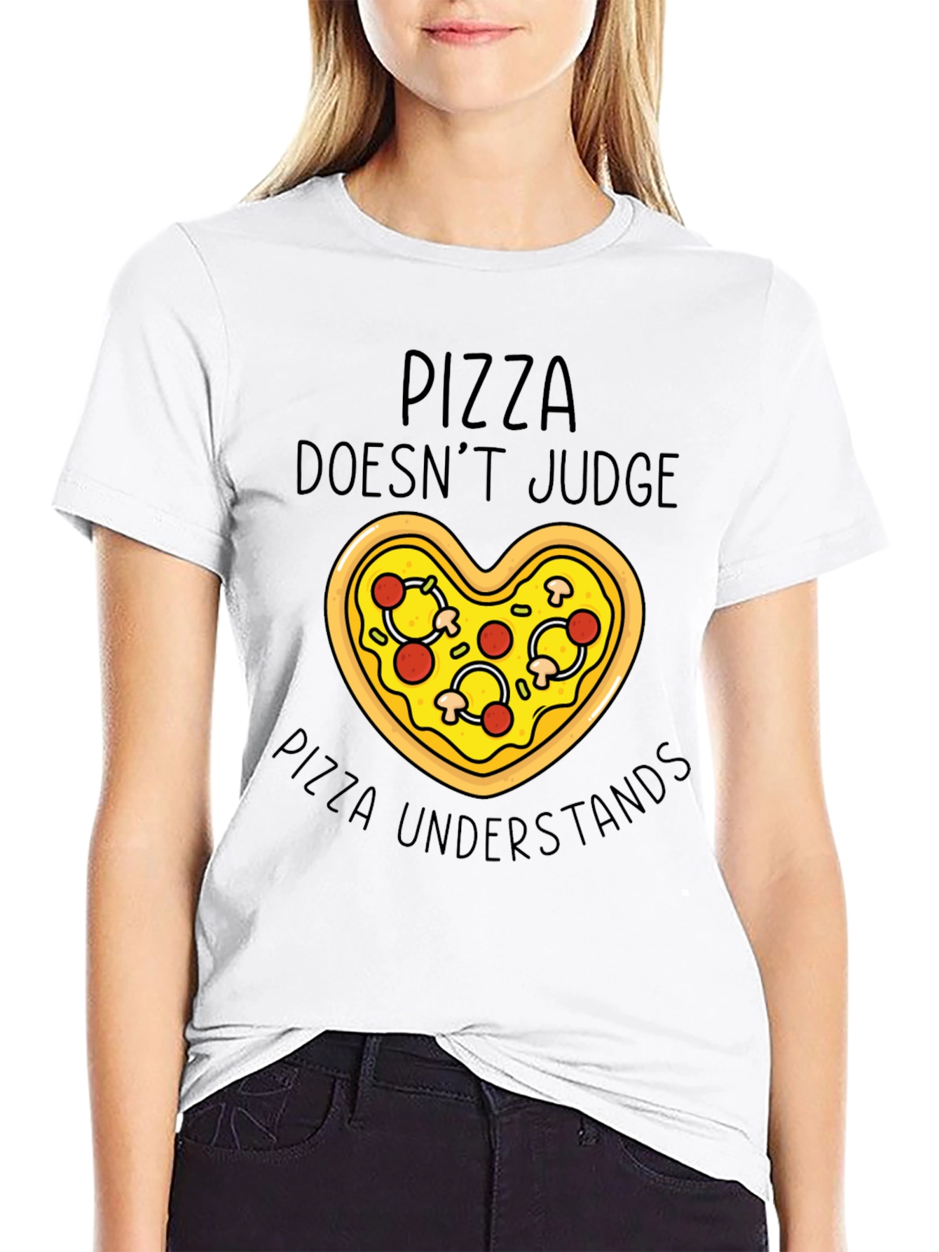 Black Pizza Lover's Tee: Pizza Doesn't Judge T-Shirt view 9
