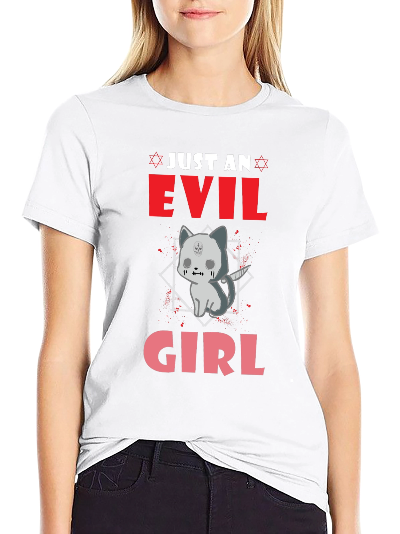 Black Evil Girl Kitten Graphic T-Shirt view 9