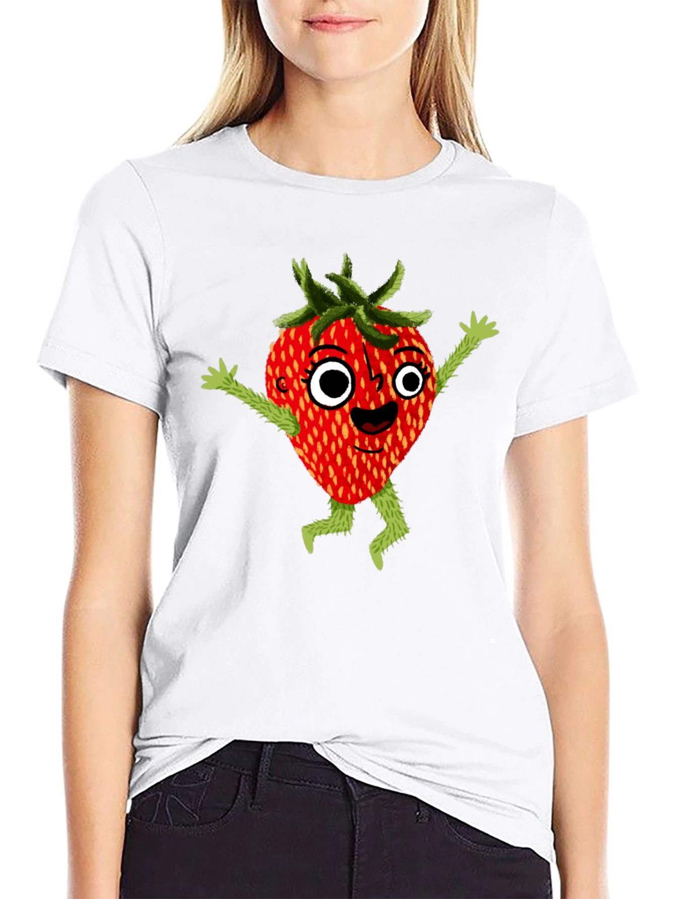 Black Whimsical Strawberry Cartoon Graphic T-Shirt view 9