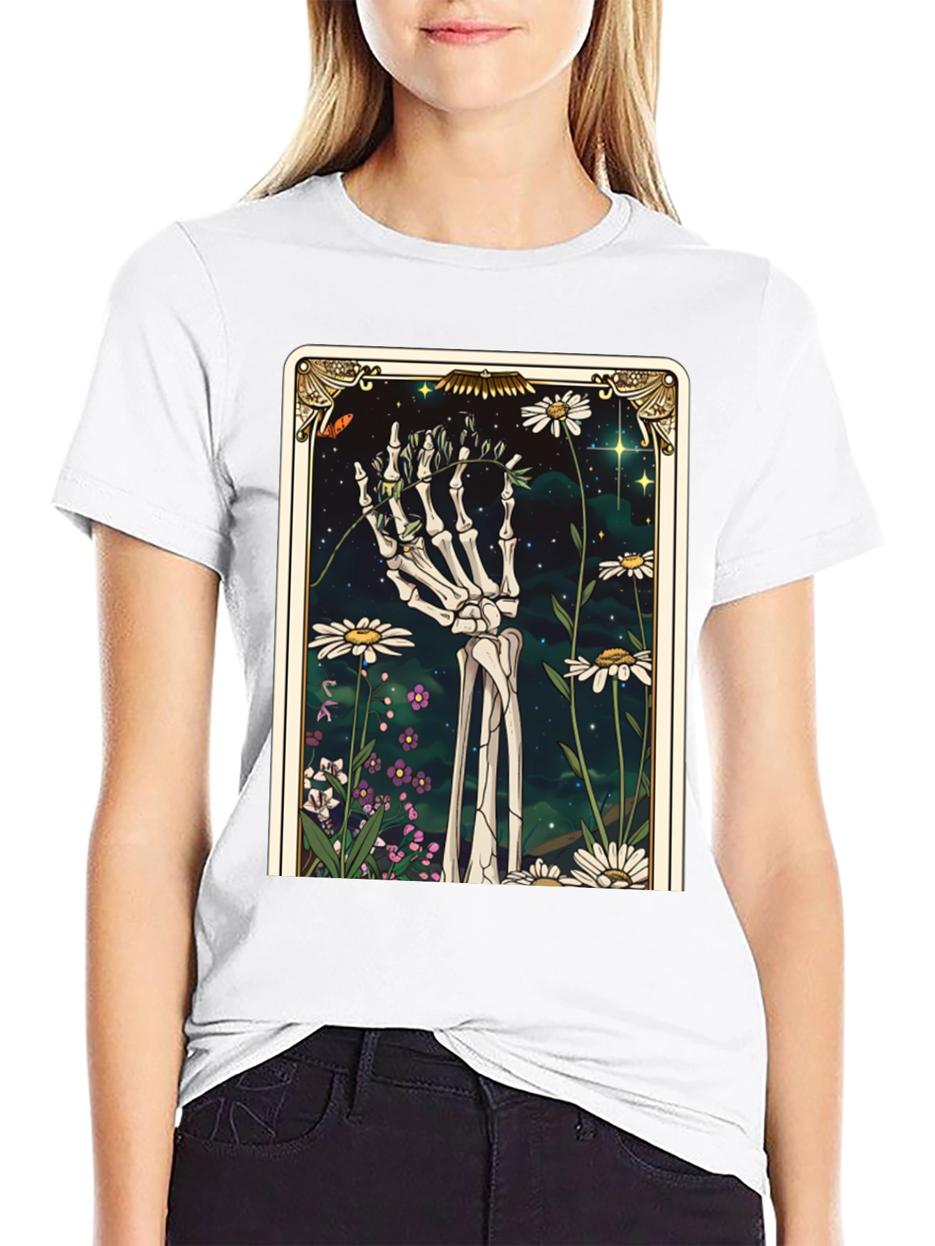 Black Floral Skeleton Tarot Graphic Tee view 9