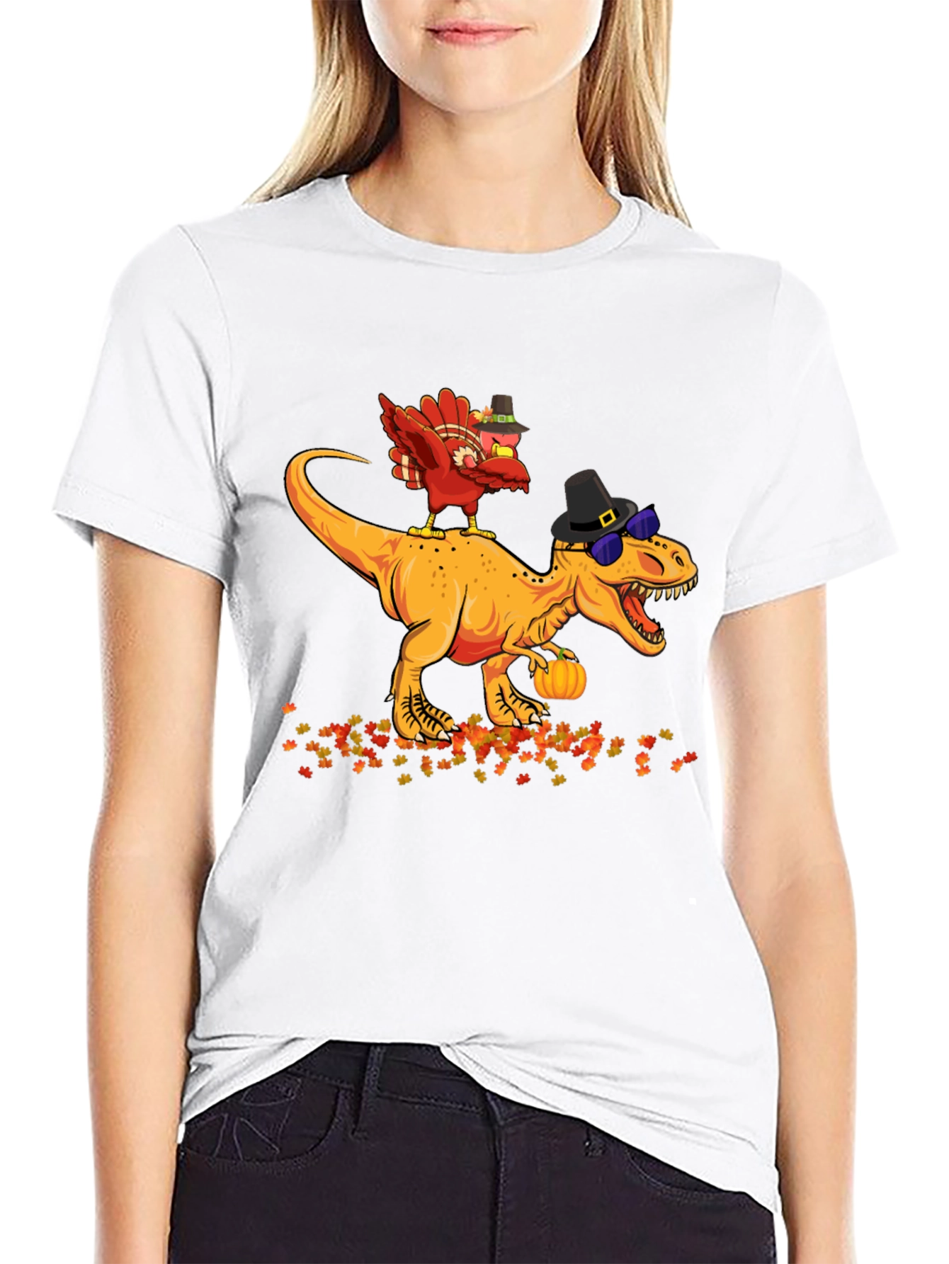 Black Thanksgiving Turkey Riding Dinosaur T-Shirt view 9