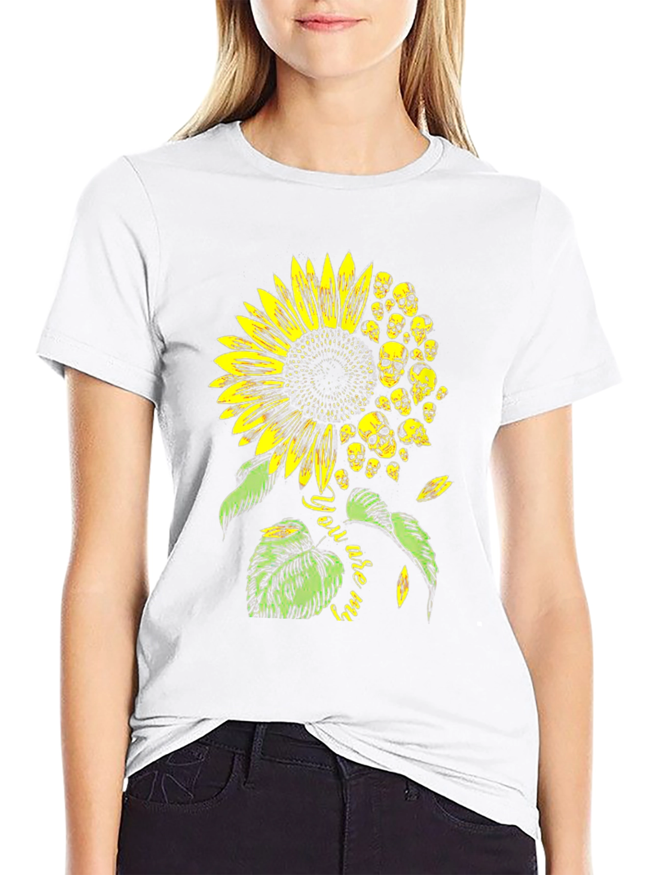 Black Skull Sunflower Graphic Tee - Black Cotton T-Shirt view 9