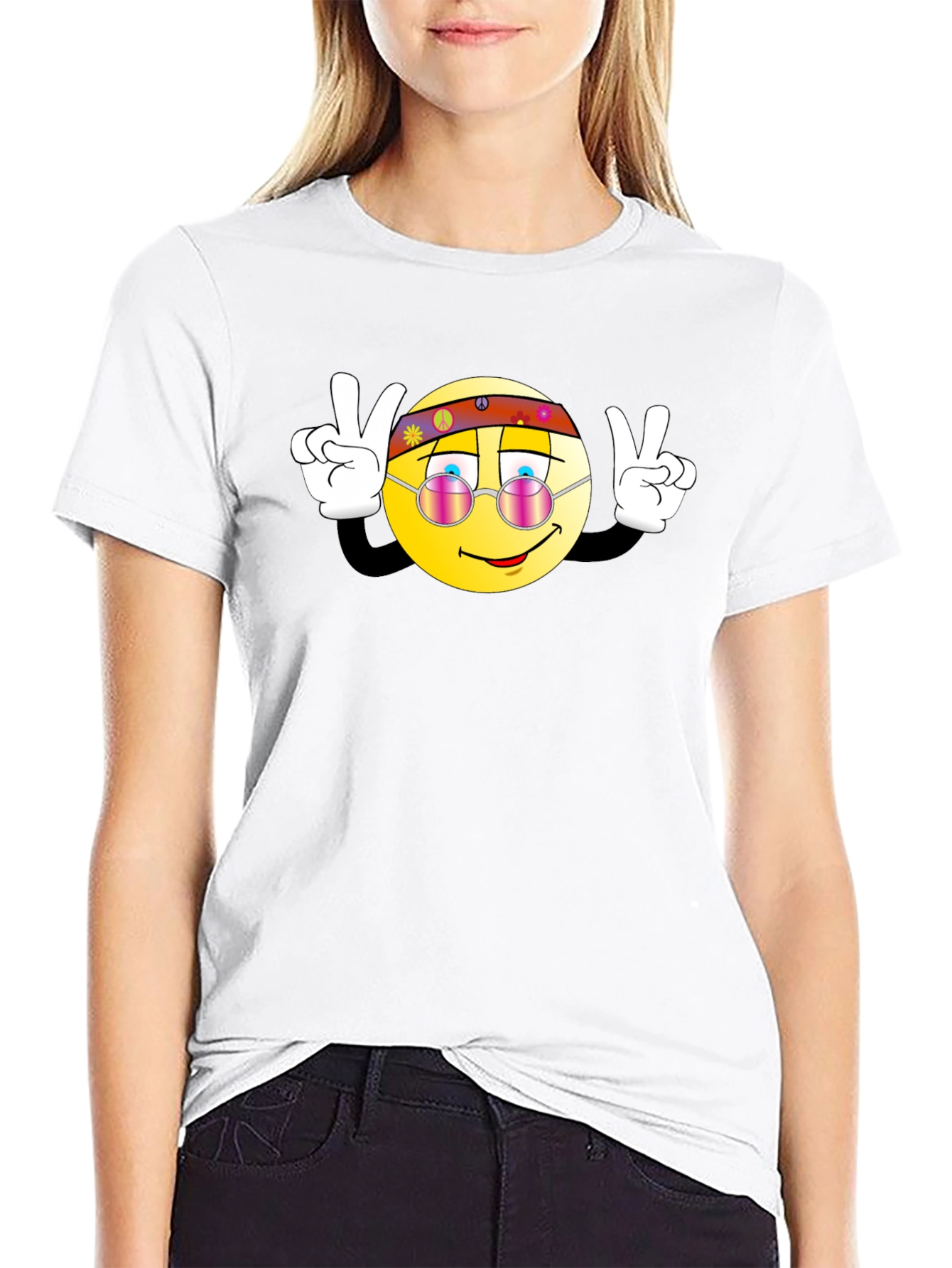 Black Cool Hippie Smiley Face Peace Sign Black T-Shirt view 9