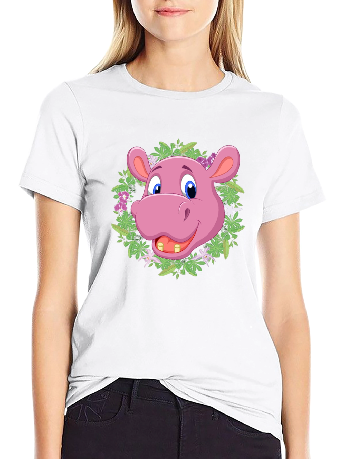 Black Cartoon Hippo Floral Wreath T-Shirt view 9