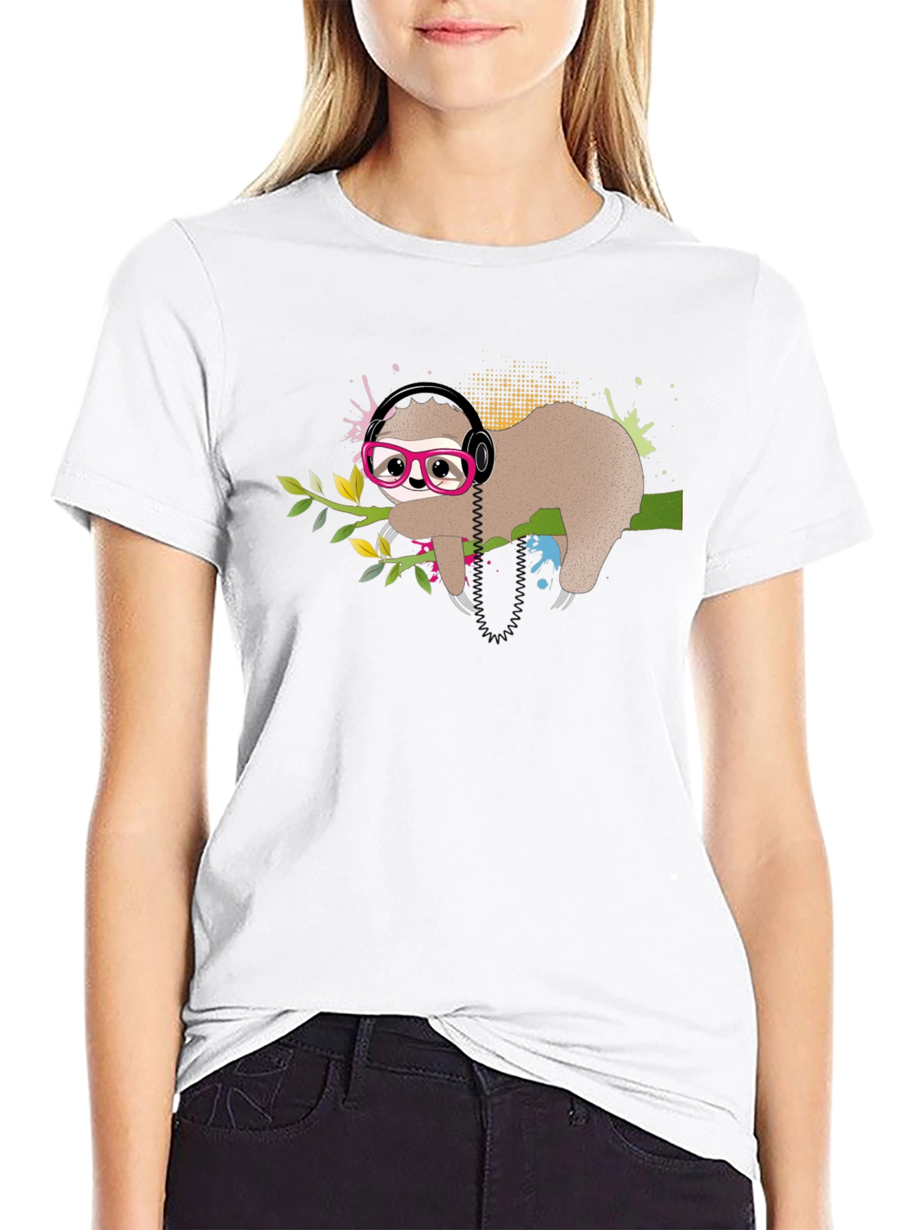 Black Sloth in Glasses T-Shirt, Cool Headphones Graphic Tee view 9