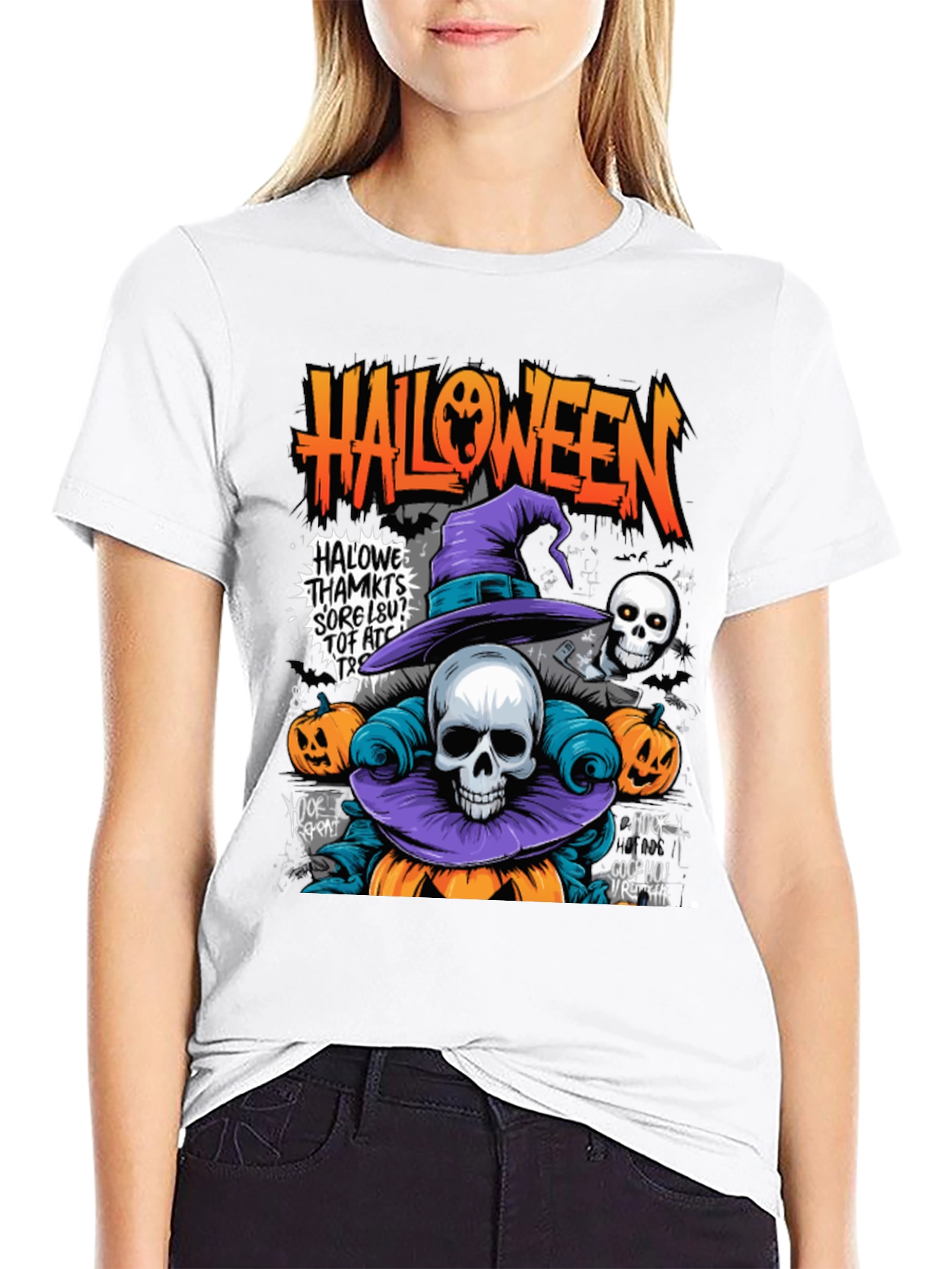 Black Halloween Skull Pumpkin Graphic Tee view 9