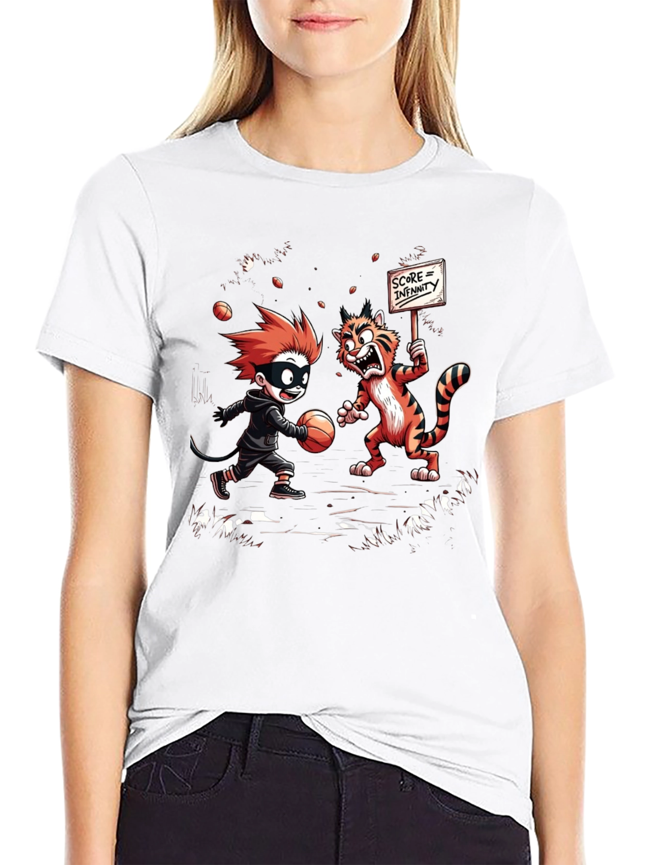 Black Cartoon Graphic T-Shirt: Boy vs. Tiger view 9