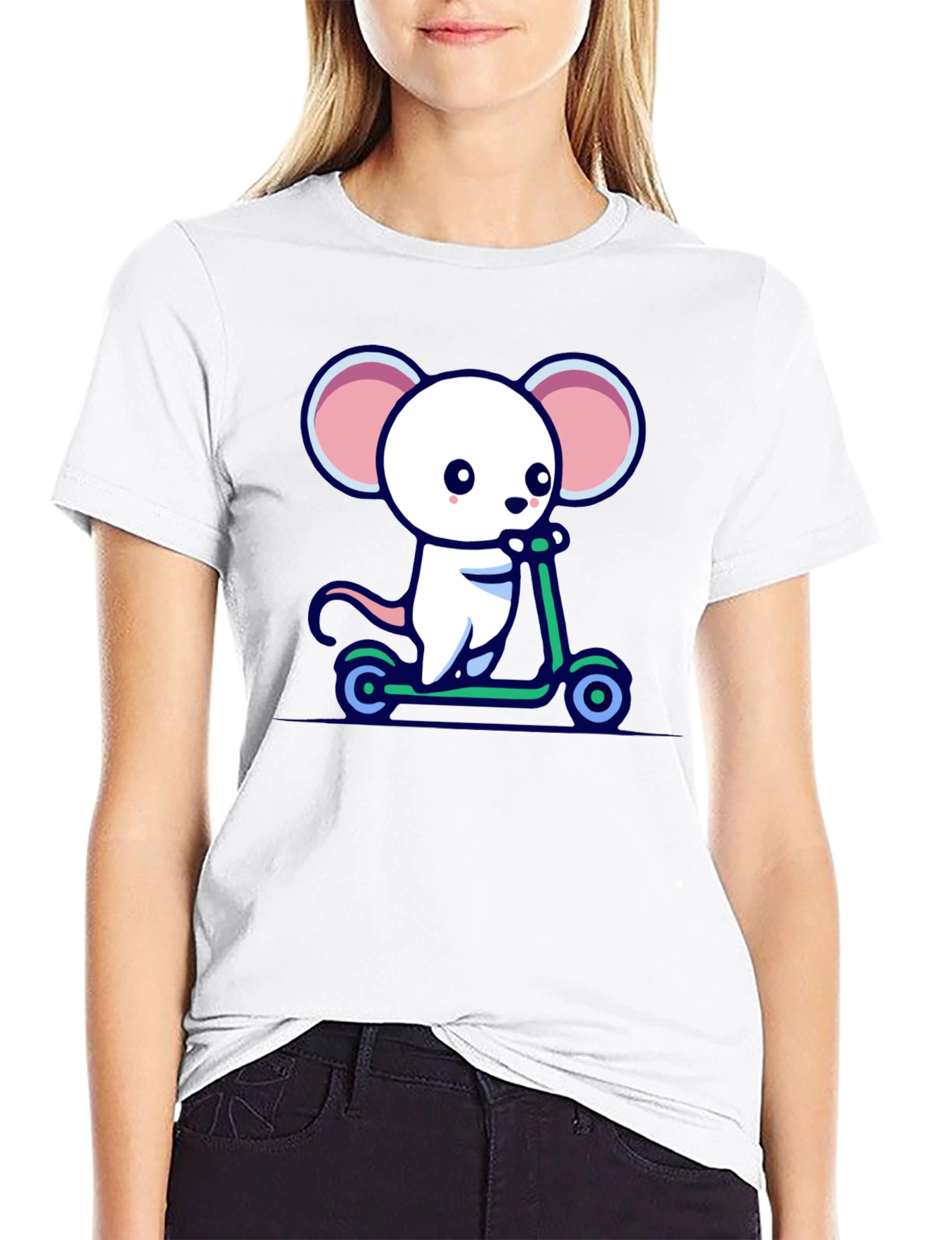 Black Cute Mouse Scooter Ride Graphic Tee - Black Cotton Comfort view 9