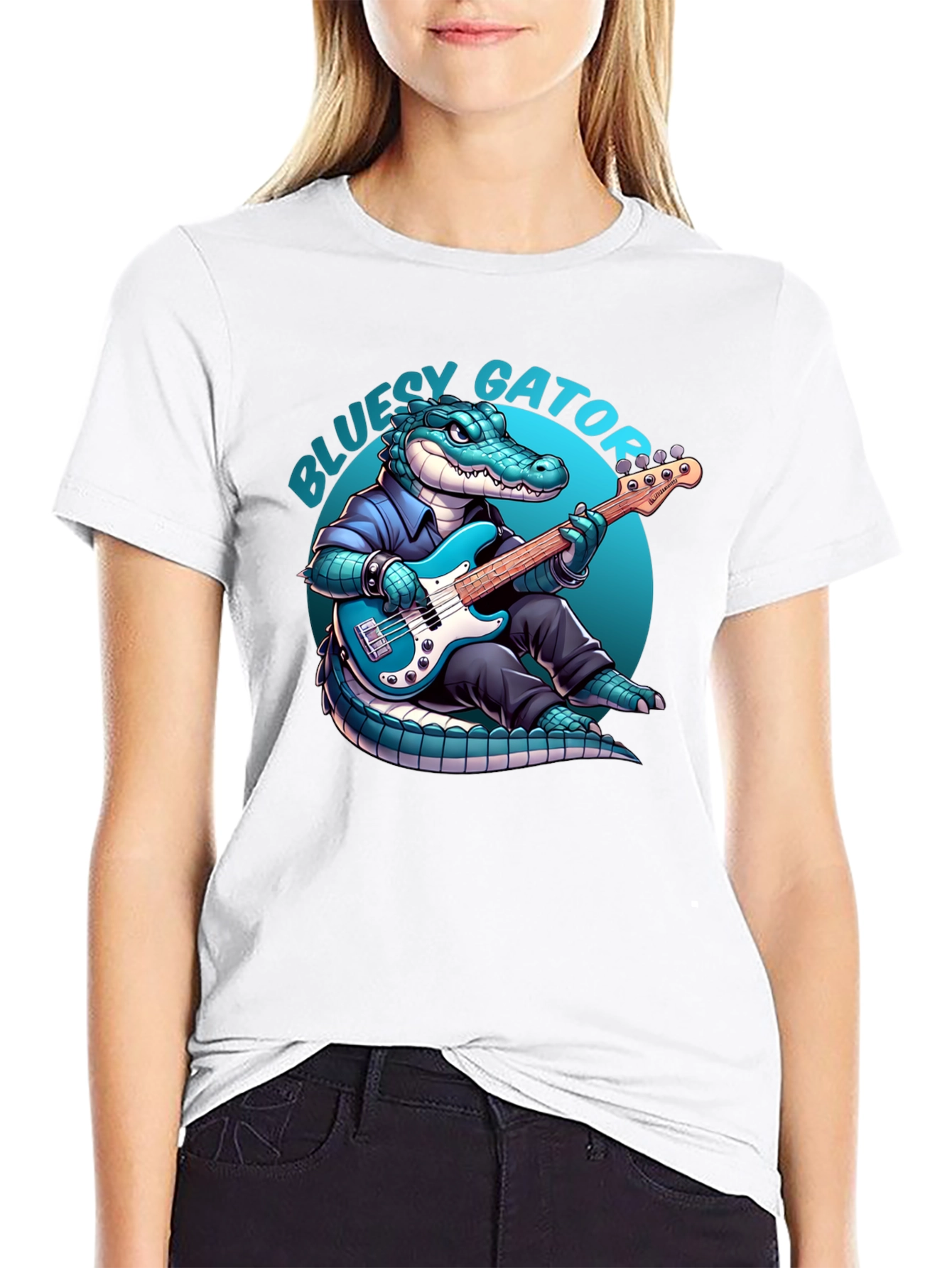 Black Bluesy Gator T-Shirt: Alligator Playing Bass Guitar view 9
