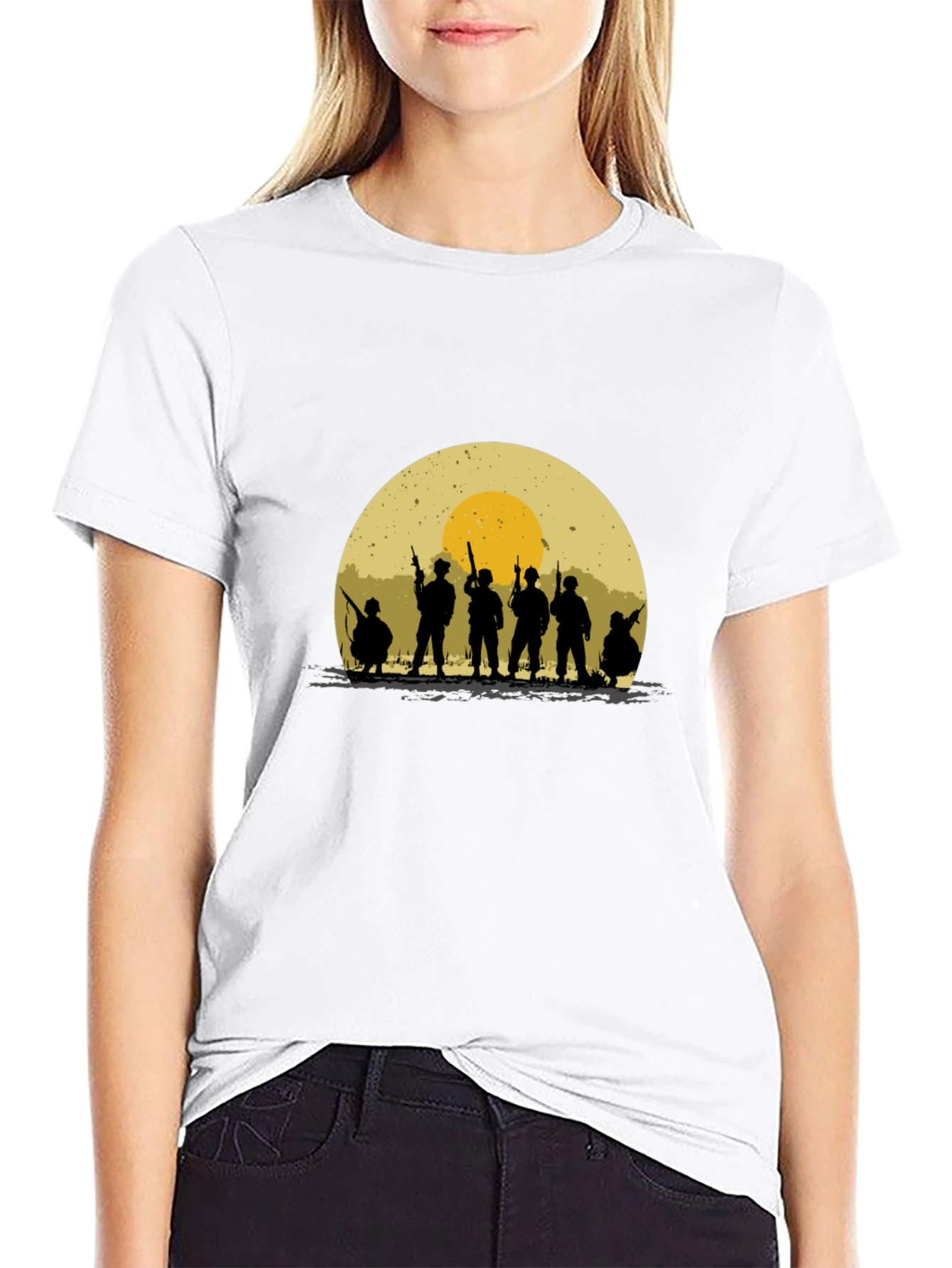 Black Silhouette Soldier T-Shirt - Retro Sunset Design view 9