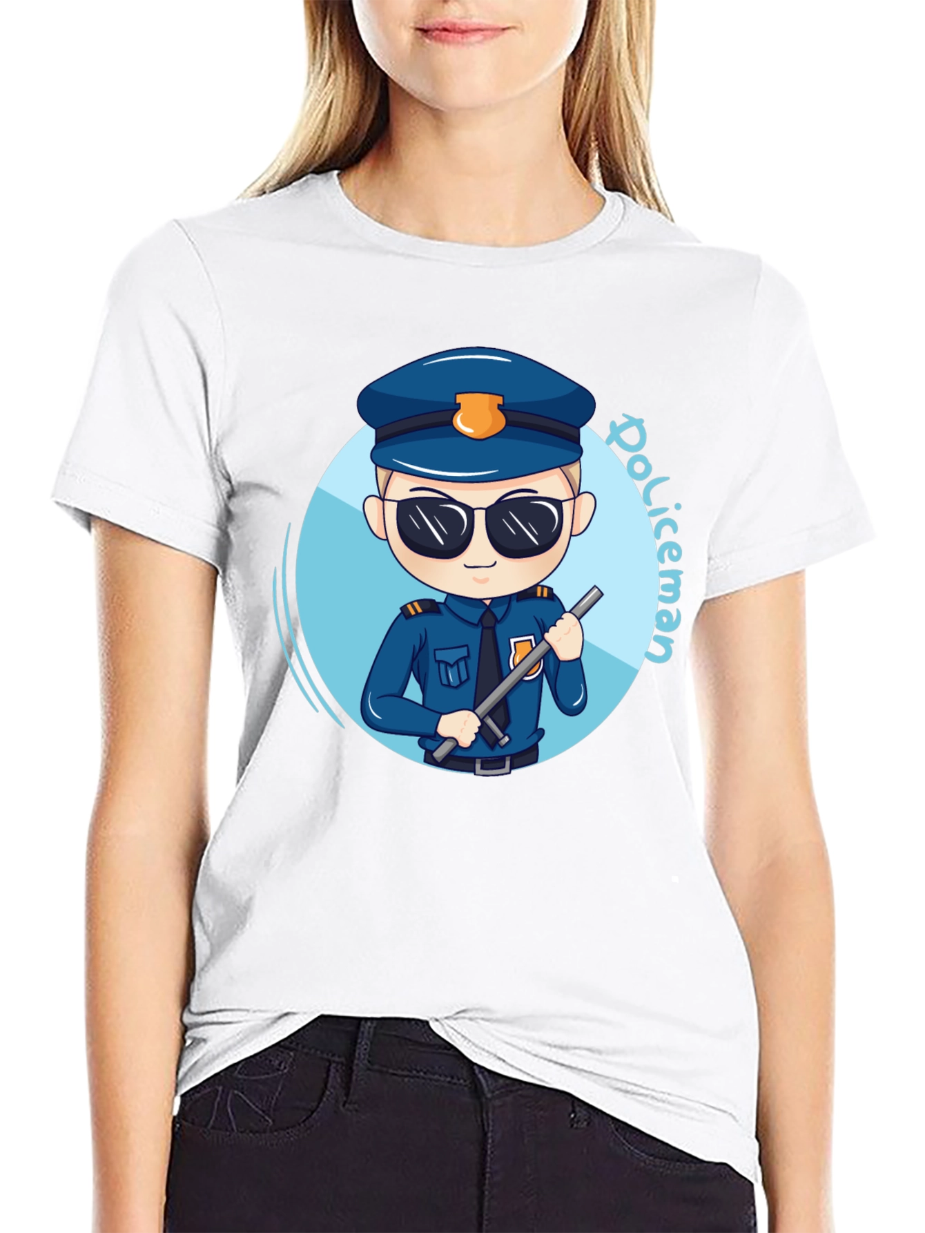 Black Cartoon Policeman Graphic Tee - Black Unisex T-Shirt view 9