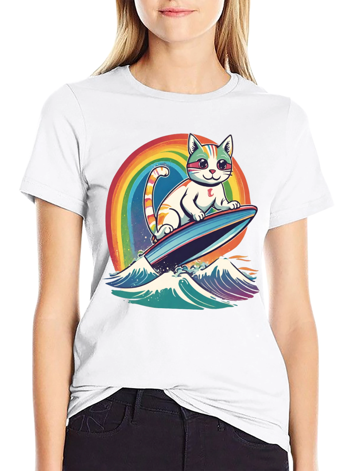 Black Surfing Cat Rainbow T-Shirt view 9