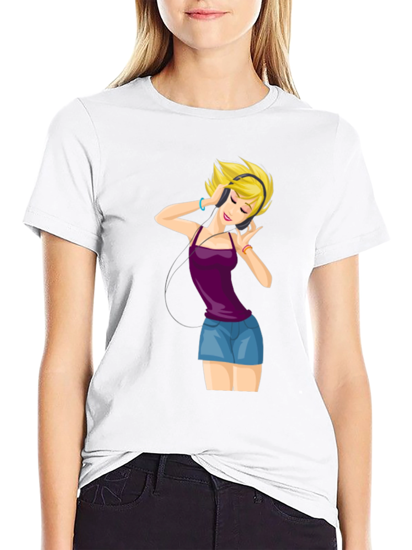 Black Music Lover T-Shirt: Cartoon Girl with Headphones view 9
