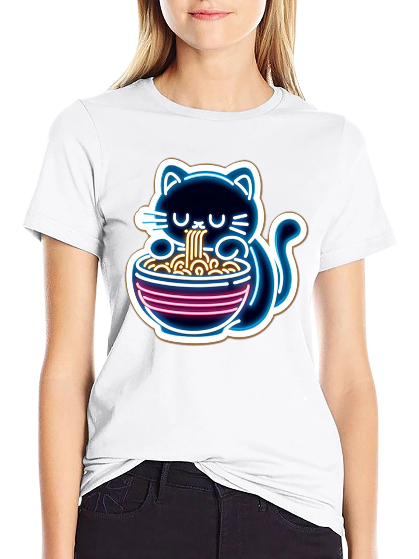 Black Neon Cat Ramen T-Shirt - Unique Graphic Tee view 9