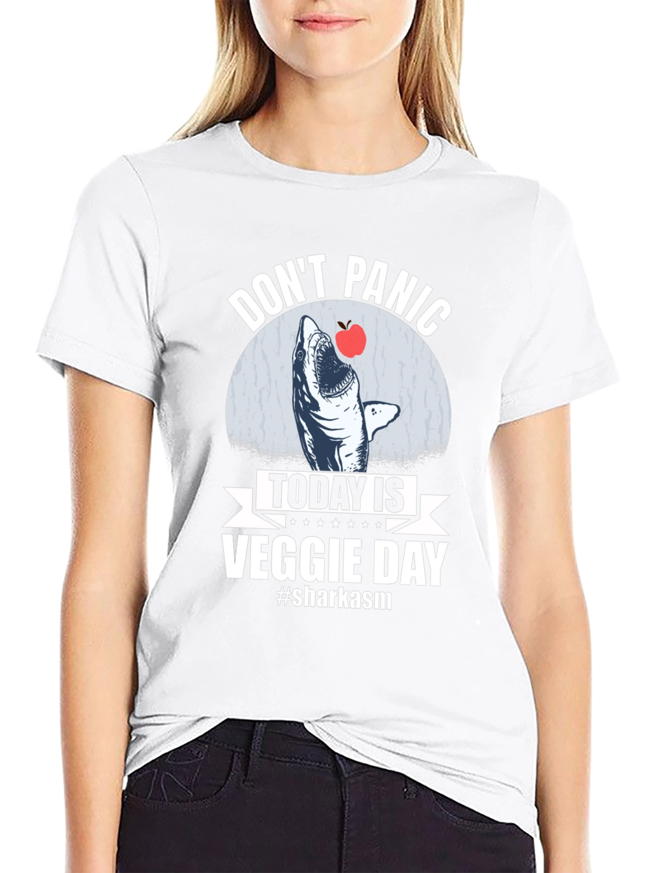 Black Don't Panic Veggie Day Shark T-Shirt view 9