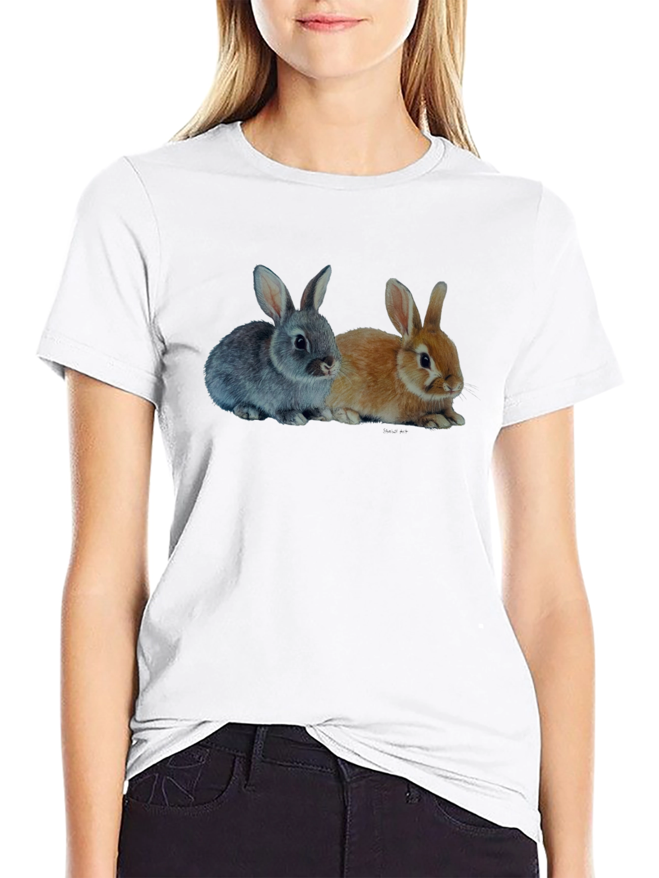 Black Cute Bunny Rabbits Graphic Print Black T-Shirt view 9