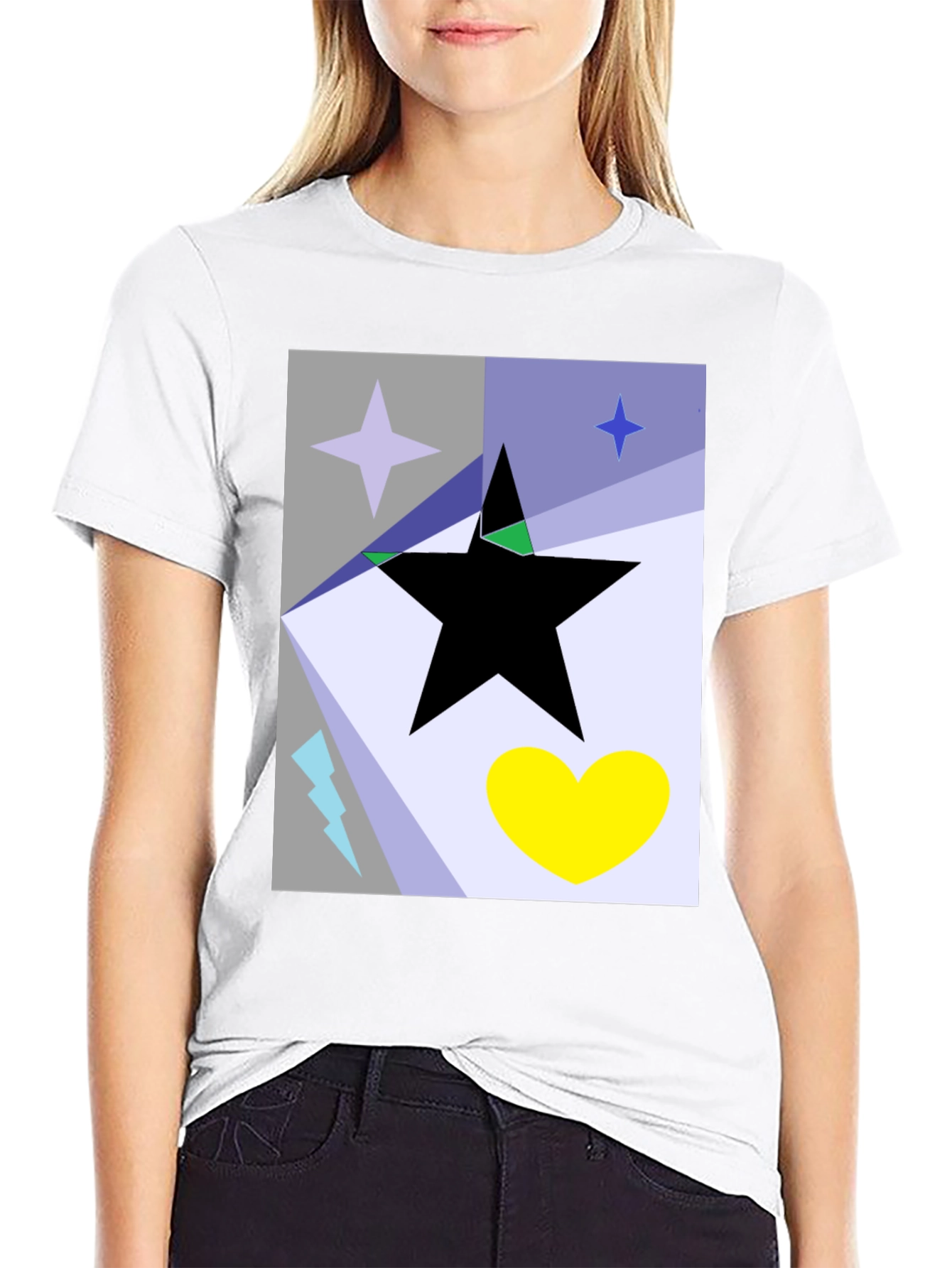 Black Abstract Star Heart Graphic Tee - Black Cotton T-Shirt view 9