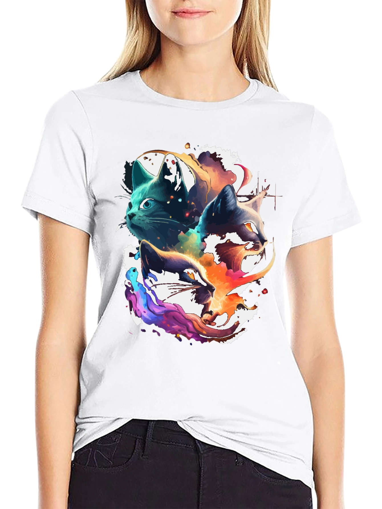 Black Abstract Cat Head Graphic Print Tee view 9