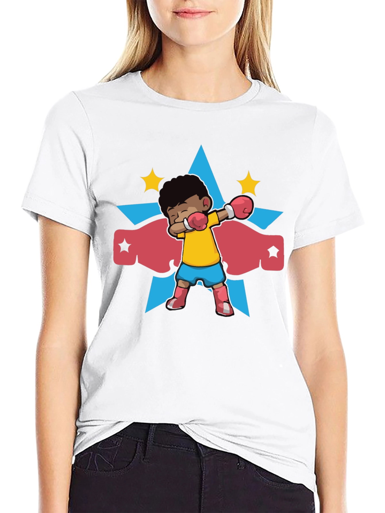 Black Cartoon Boxer Kid Graphic T-Shirt view 9