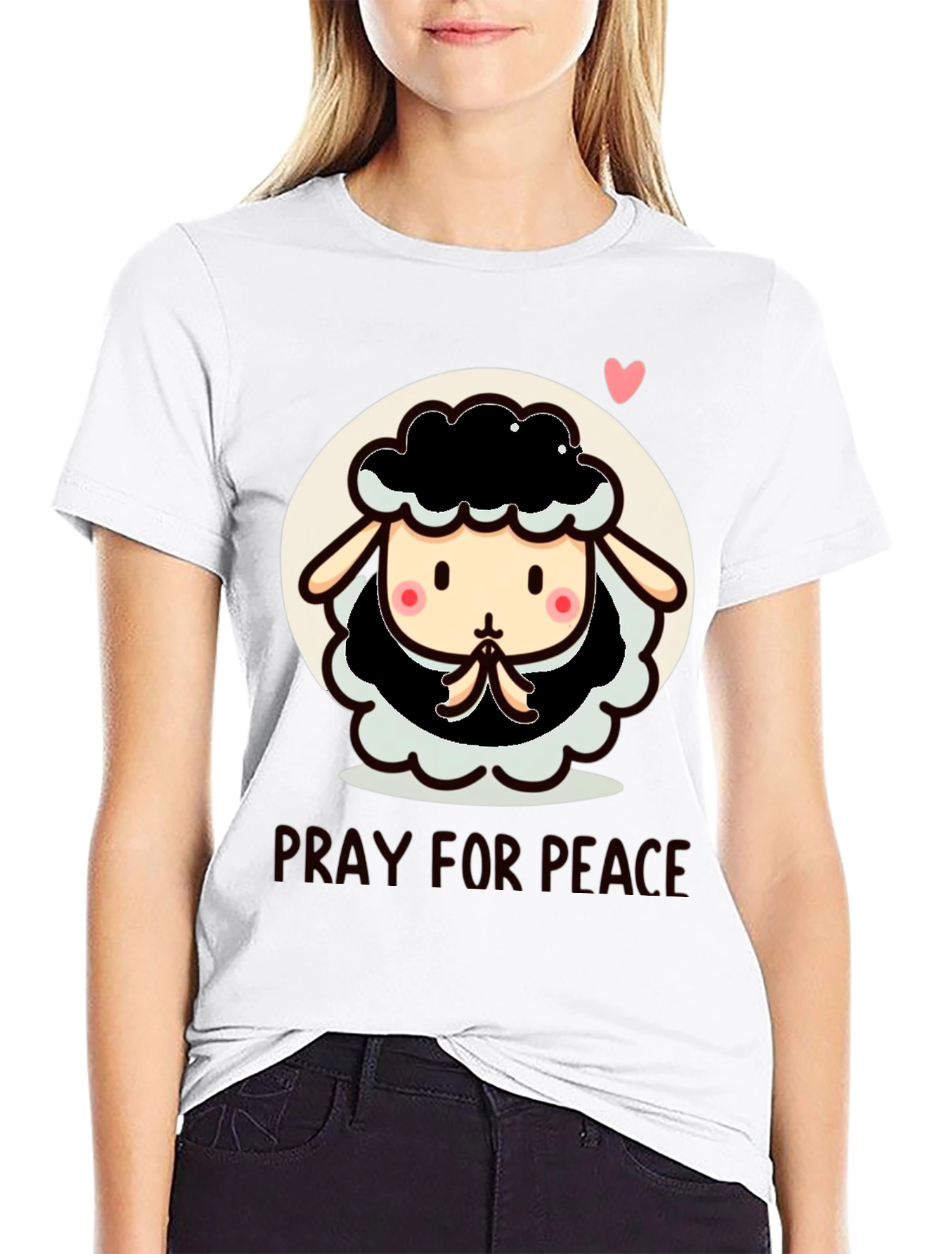 Black Pray for Peace Cartoon Sheep T-Shirt view 9