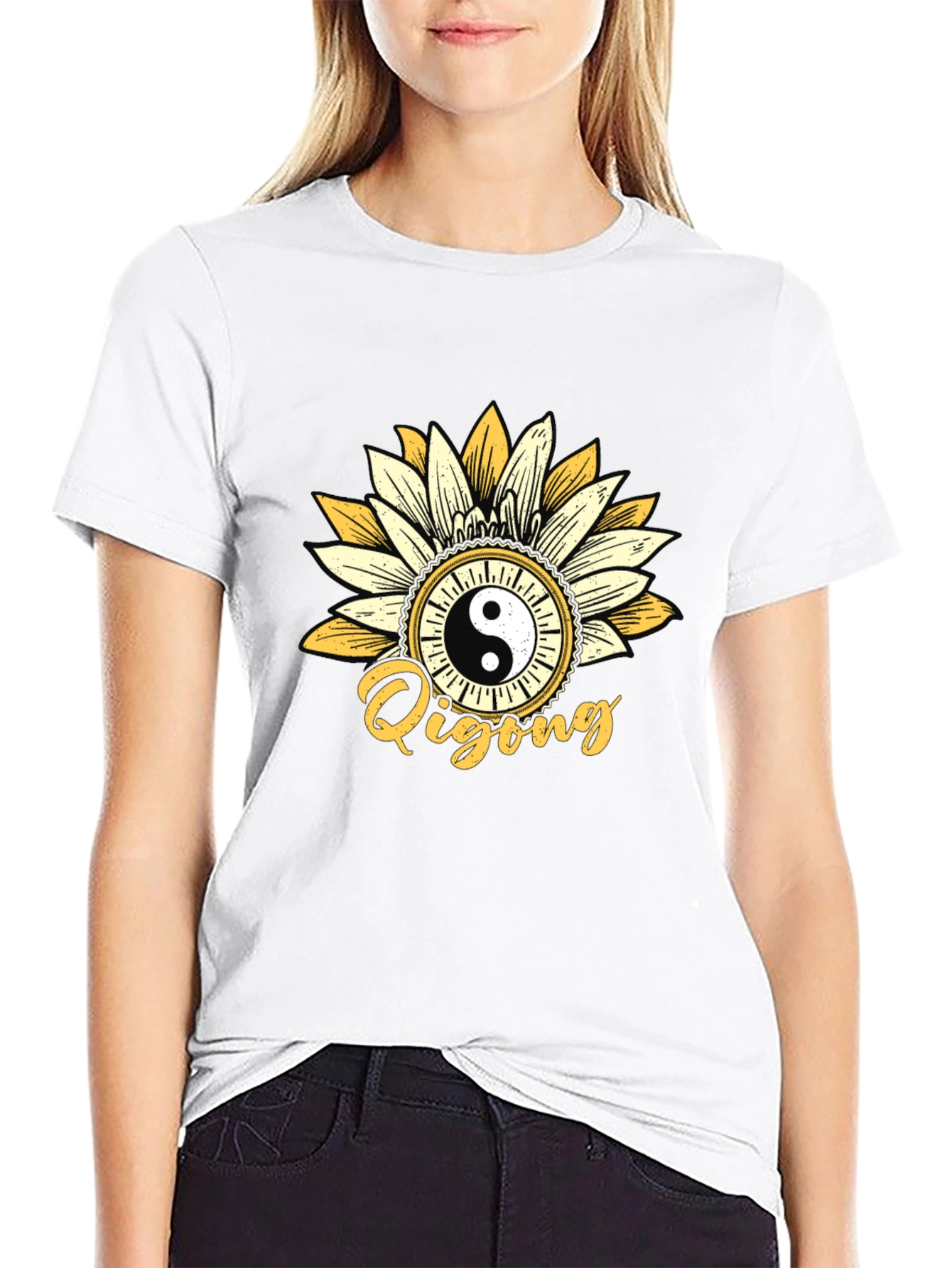 Black Yin Yang Qigong Sunflower Graphic Tee view 9
