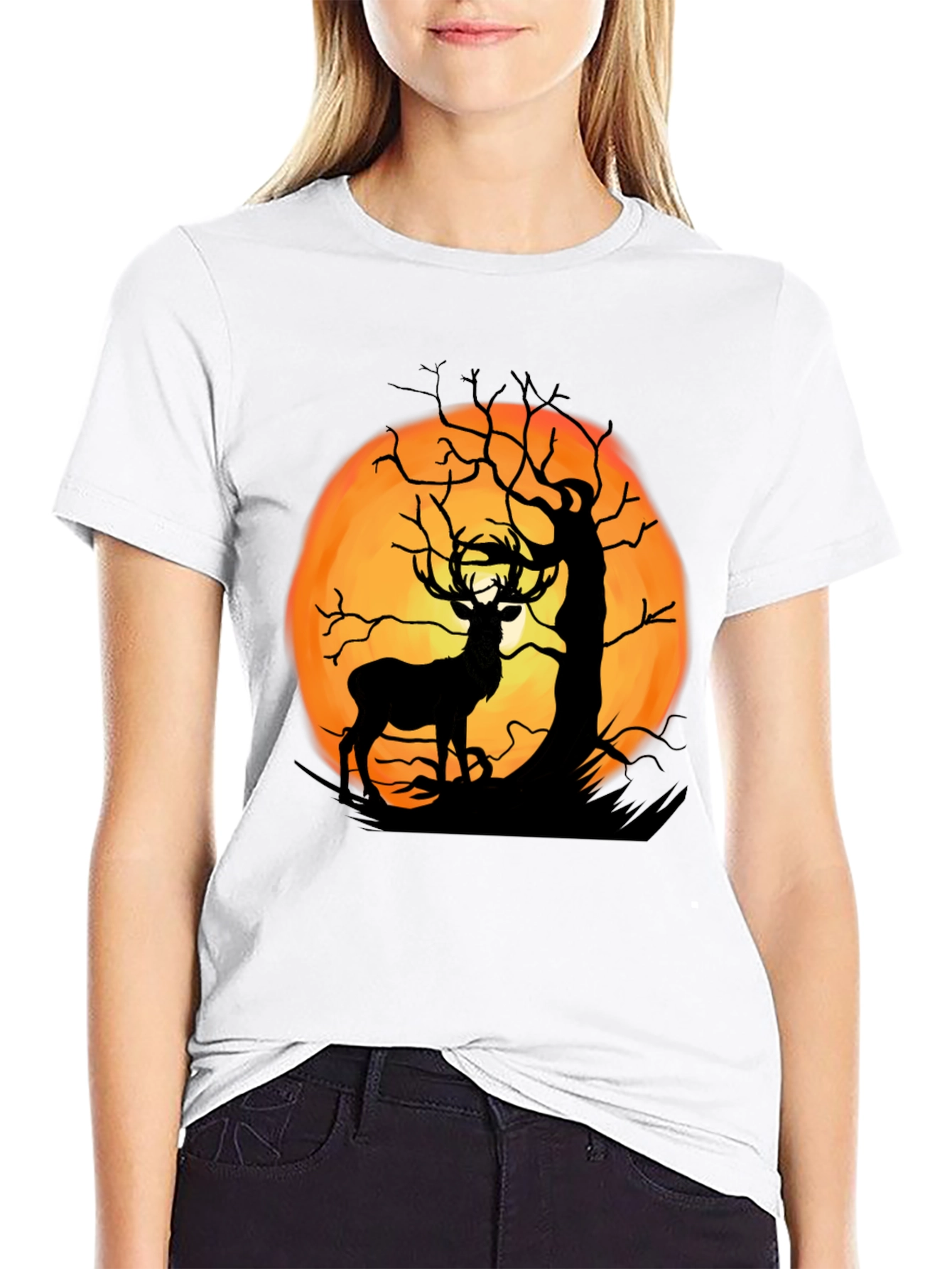 Black Deer Moon Silhouette Graphic Tee - Black Cotton view 9