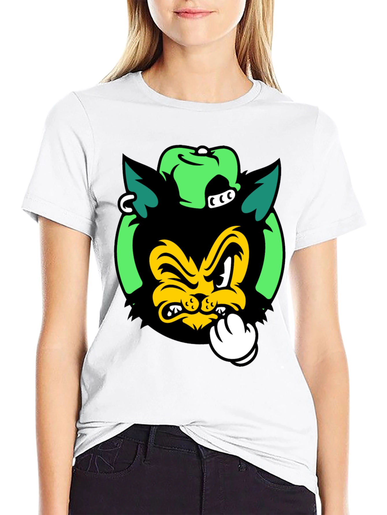 Black Cartoon Cat Graphic Print Black T-Shirt view 9