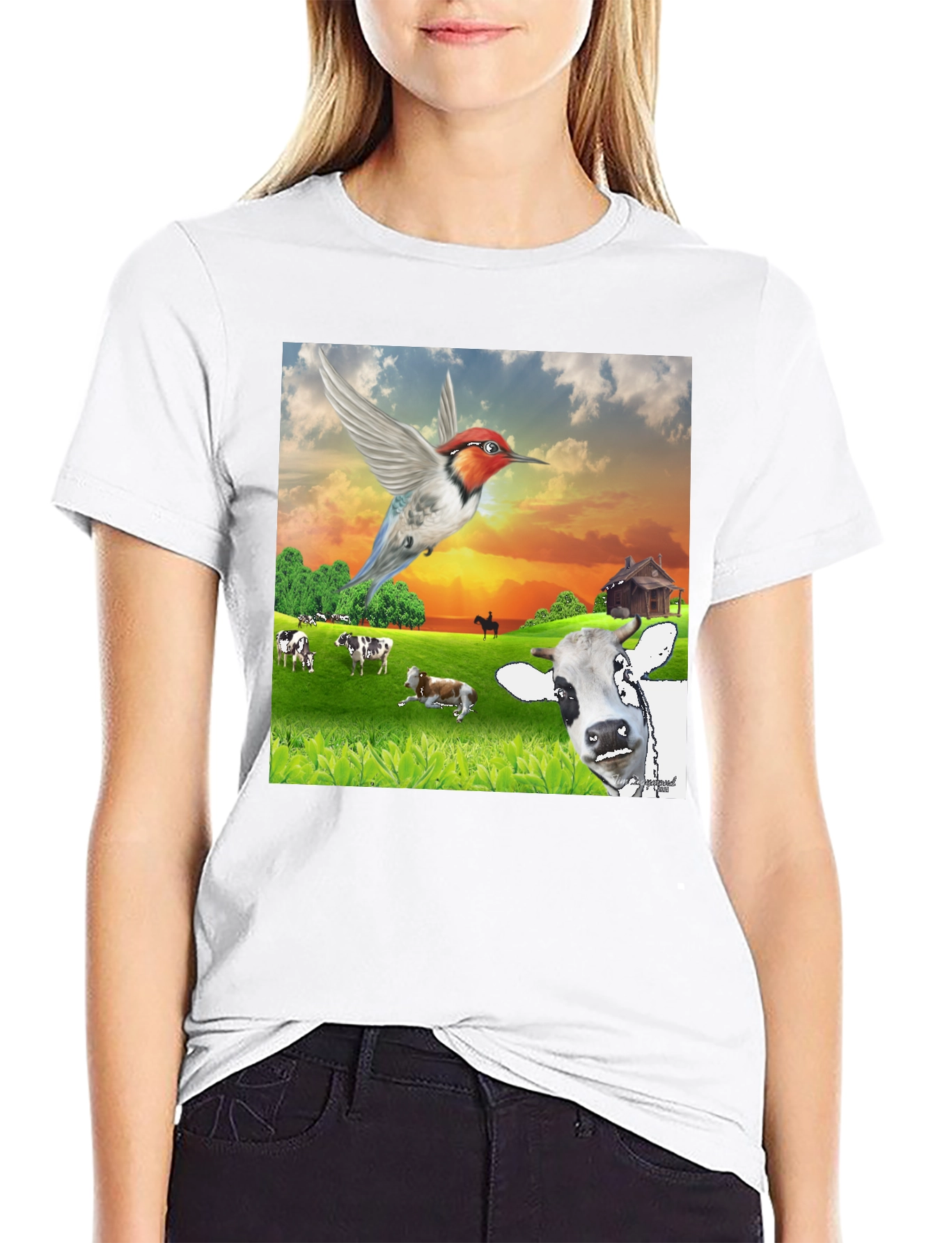 Black Hummingbird & Cow Farm T-Shirt - Unique Animal Design view 9